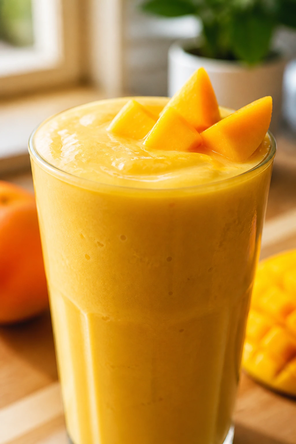 Close-up of Mango Tango Smoothie in a glass on a sunlit kitchen counter