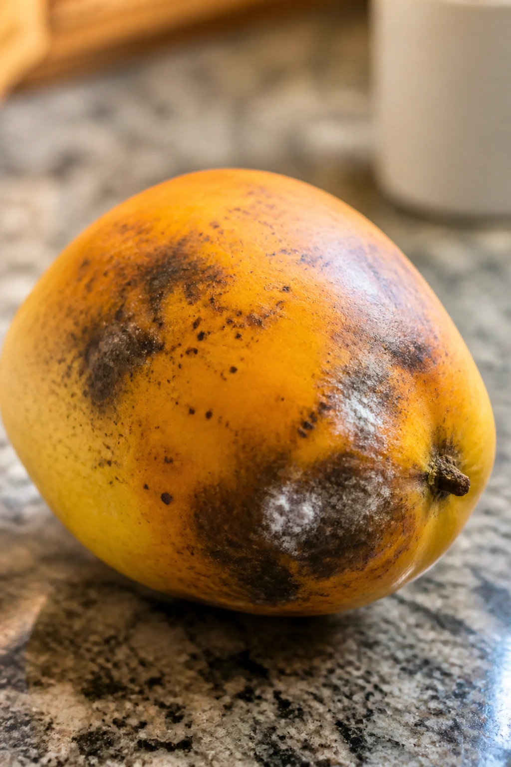 Close-up of a mango showing dark spots and mold on its skin on a kitchen counter