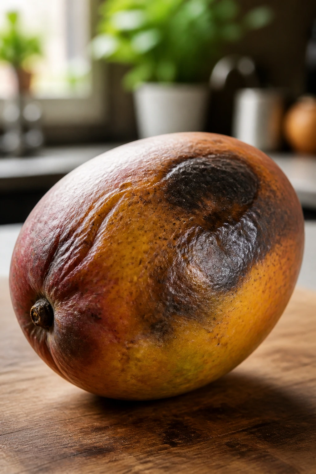 Close-up of a mango showing spoilage signs in a kitchen.