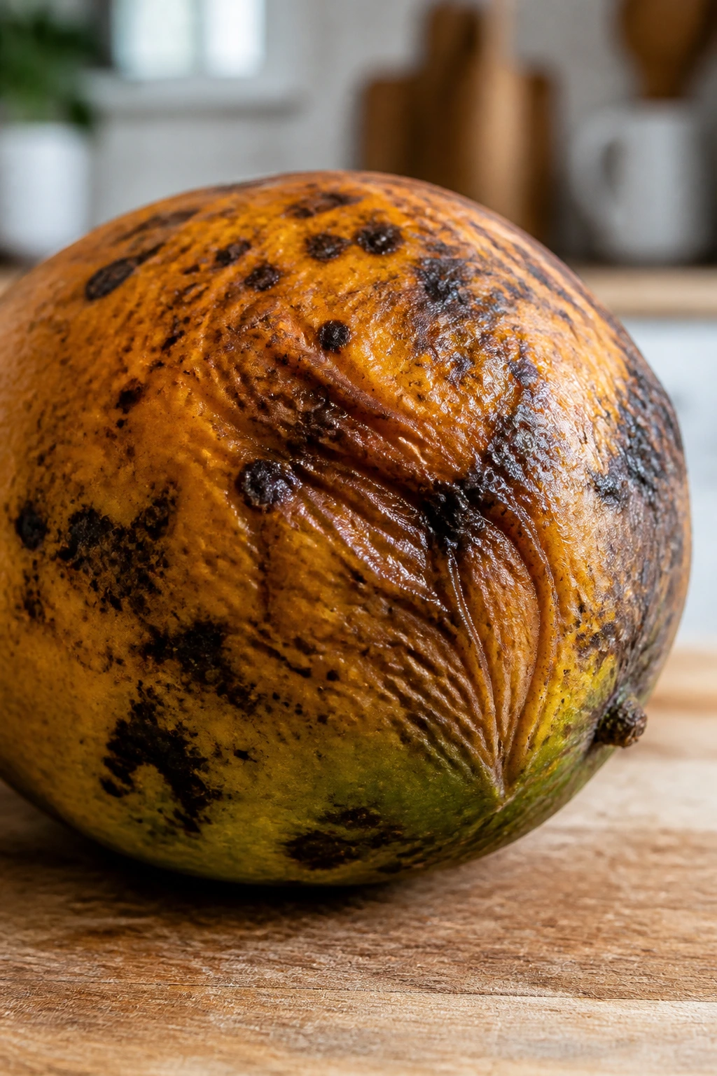 Close-up of a mango with dark spots and wrinkled skin indicating spoilage.