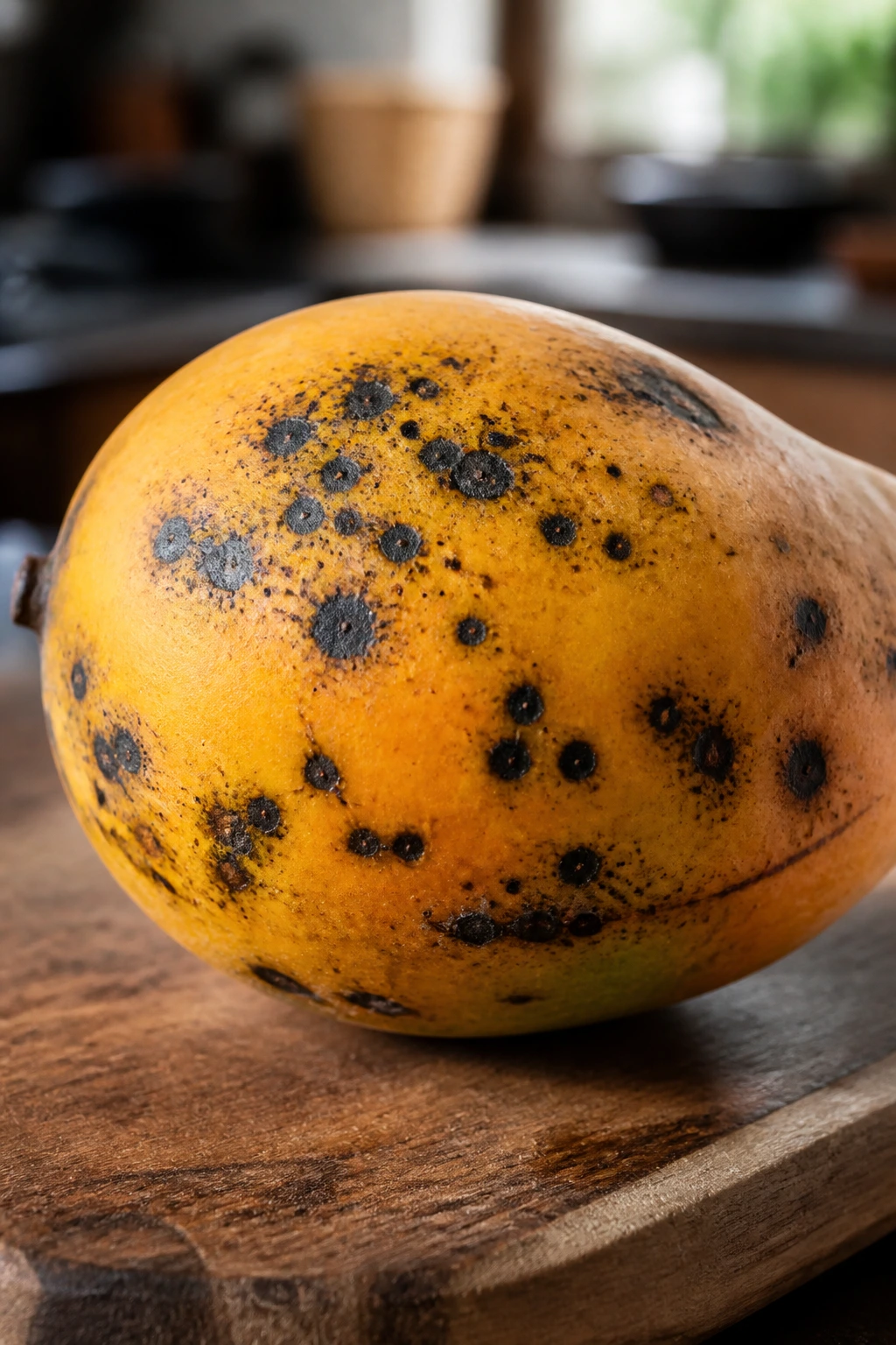 Close-up of a ripe mango skin with black spots on a wooden cutting board.