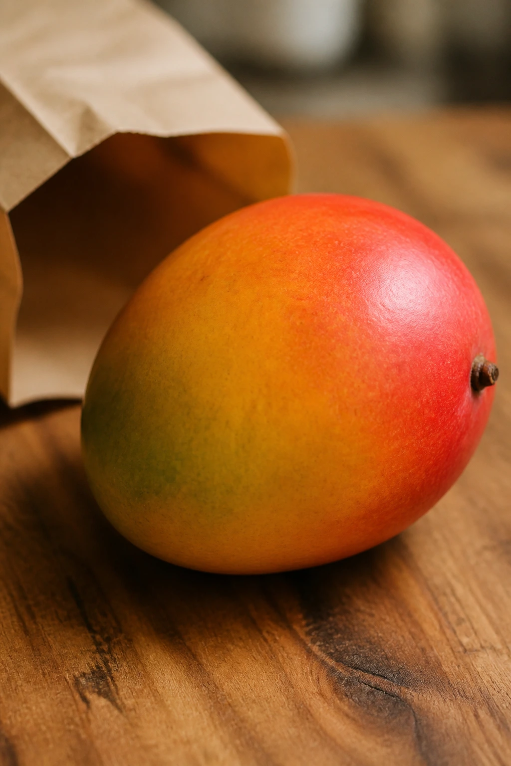 Mango on counter with storage bag suggesting keeping fresh longer.