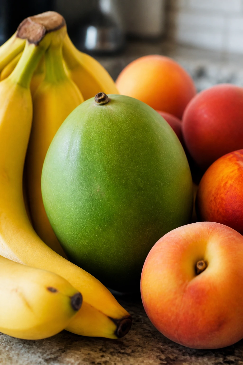 Unripe mango surrounded by ripe fruit to speed ripening
