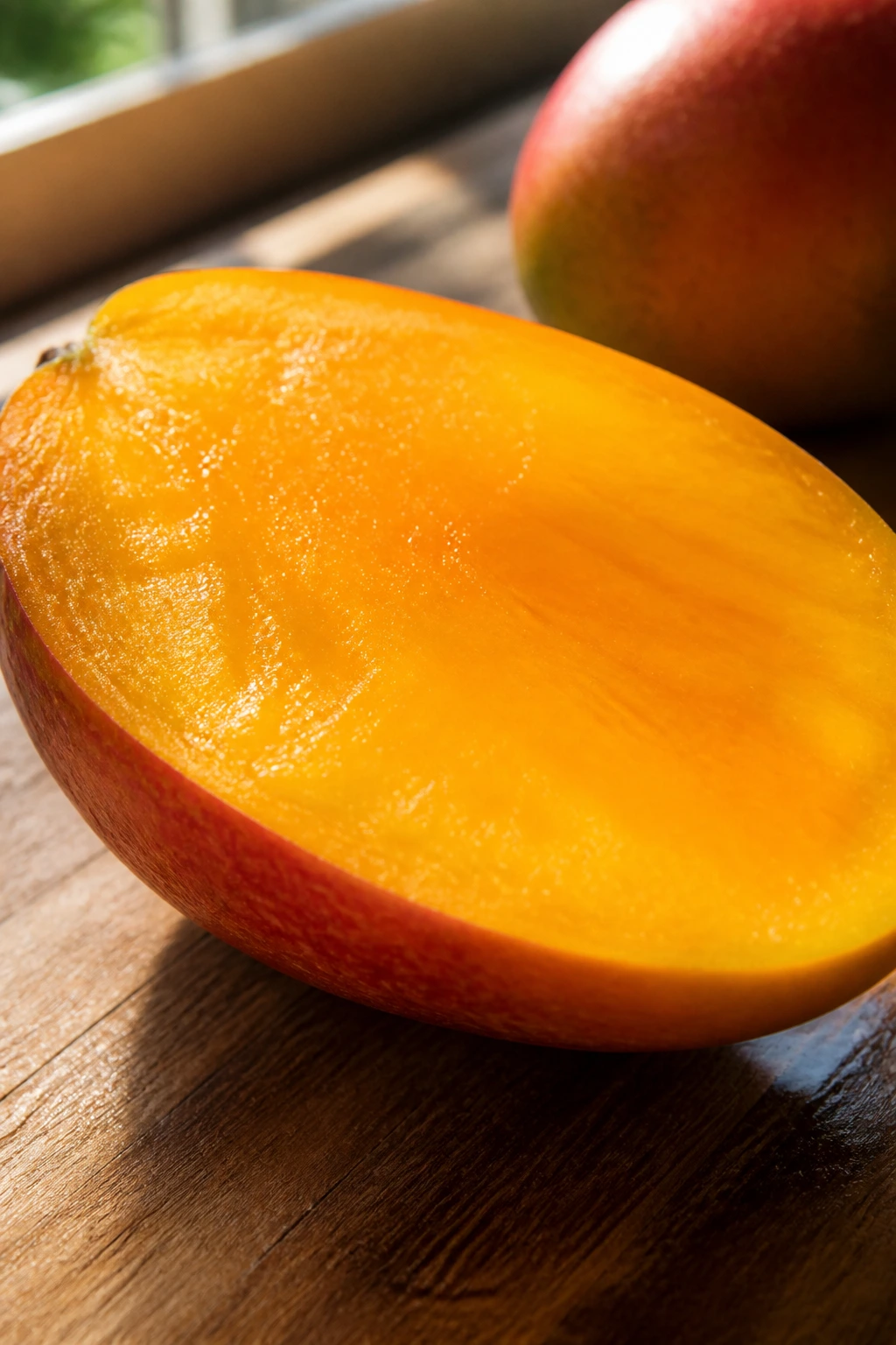 Tropical Showdown: Mango Vs Banana - A Comparison 7 Close-up of a ripe mango half with juicy orange flesh in a sunlit kitchen