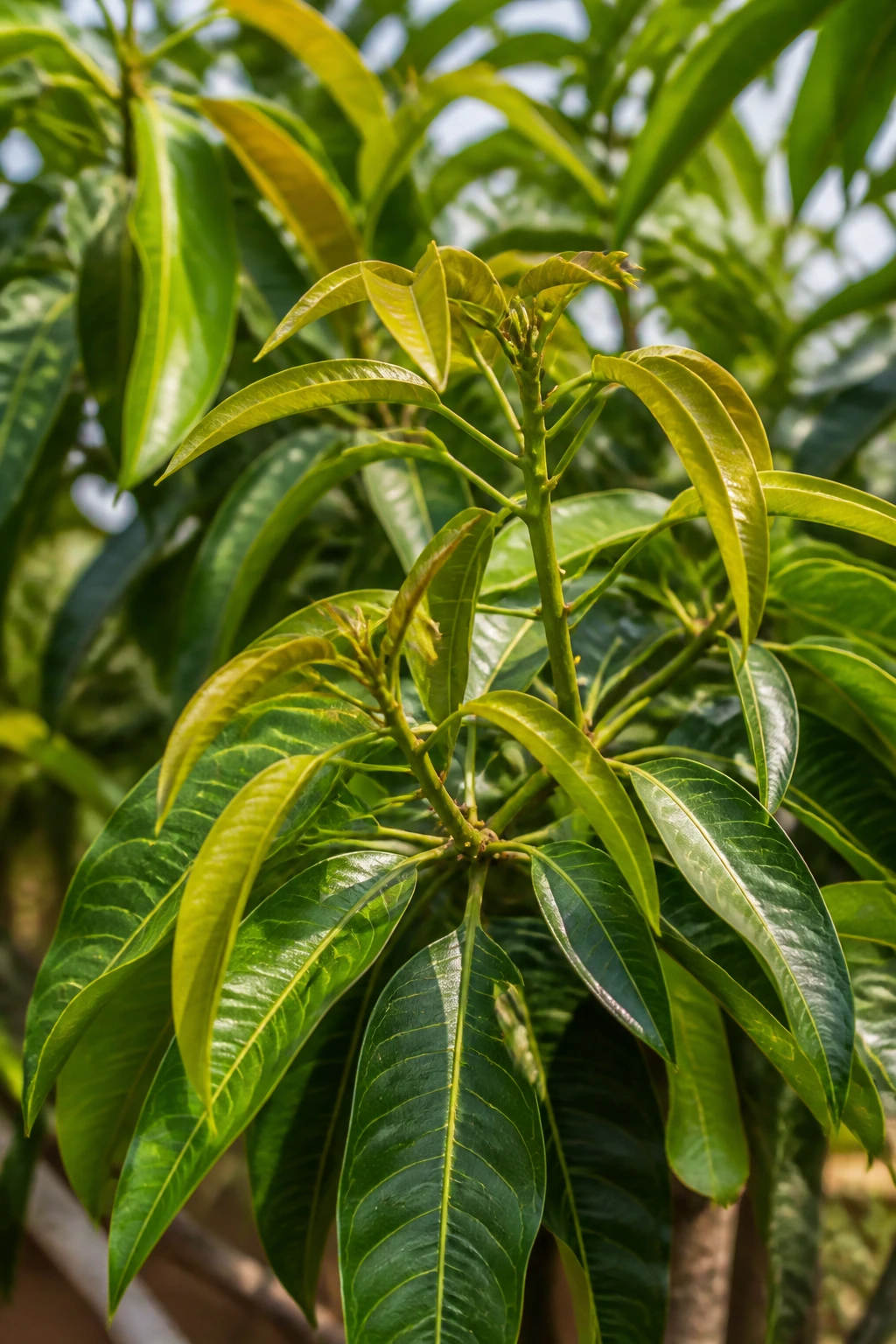 Branch with dense mango foliage in garden