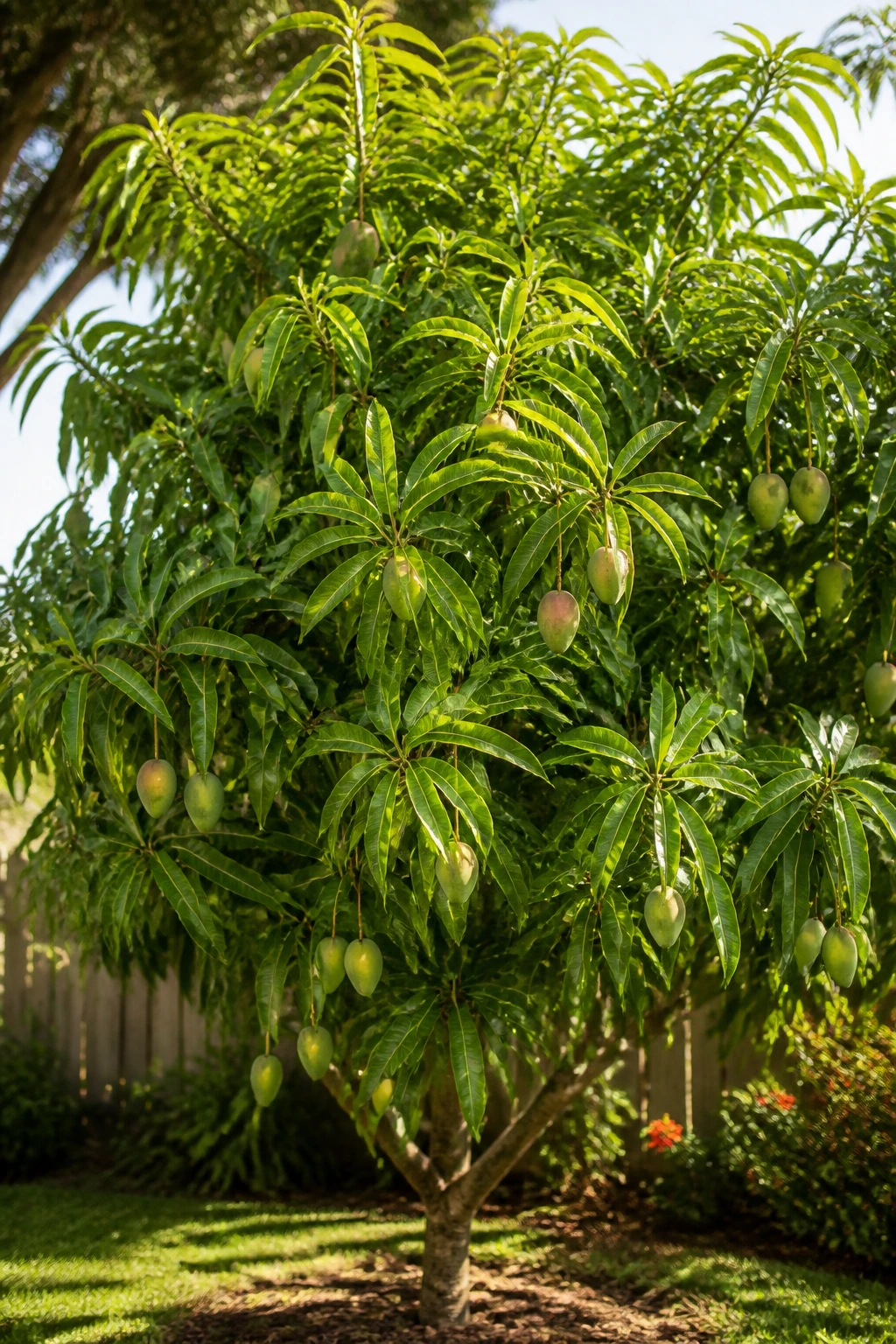 Healthy mango tree in sunlit garden.