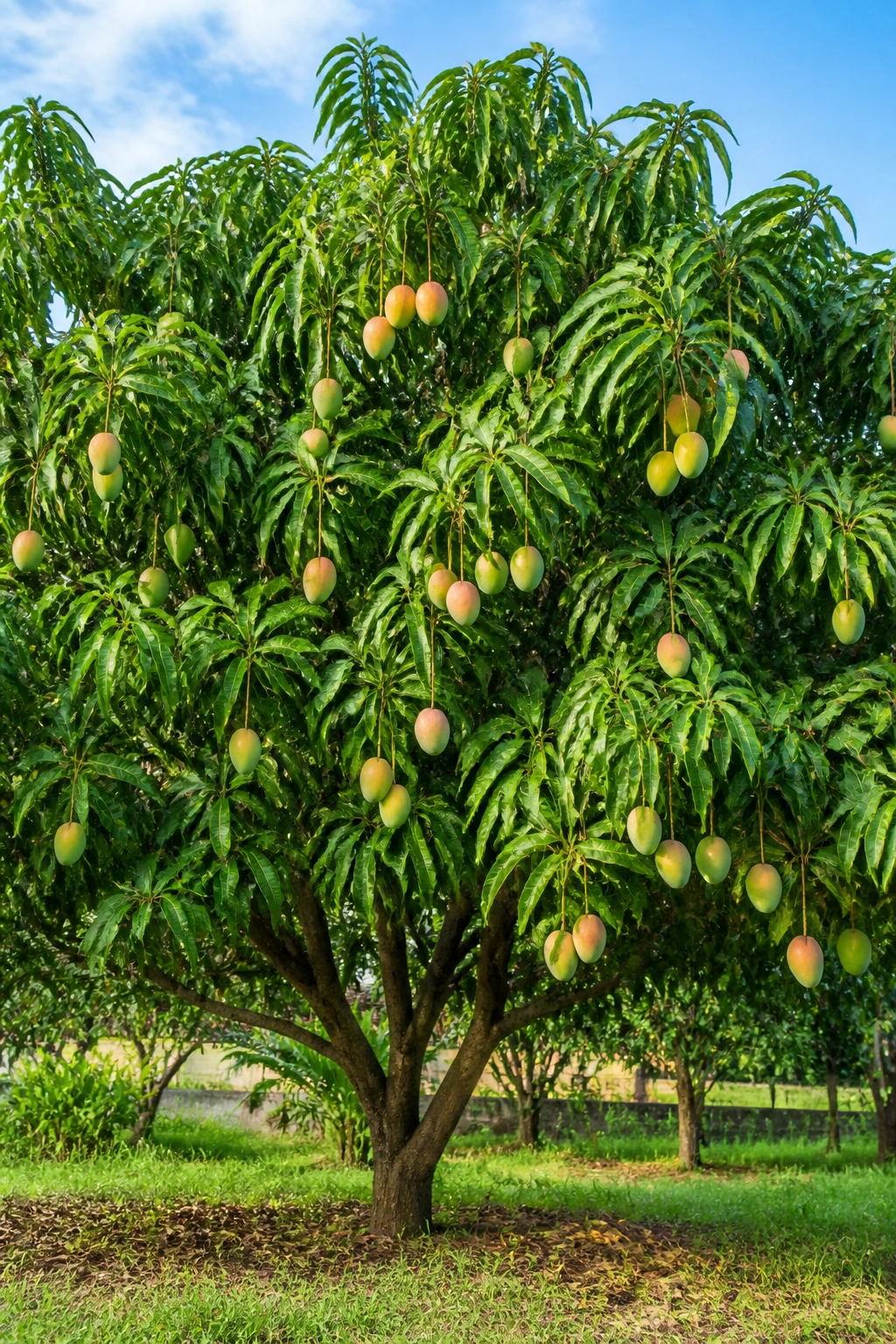 Mango tree bearing fruit in a sunny yard.