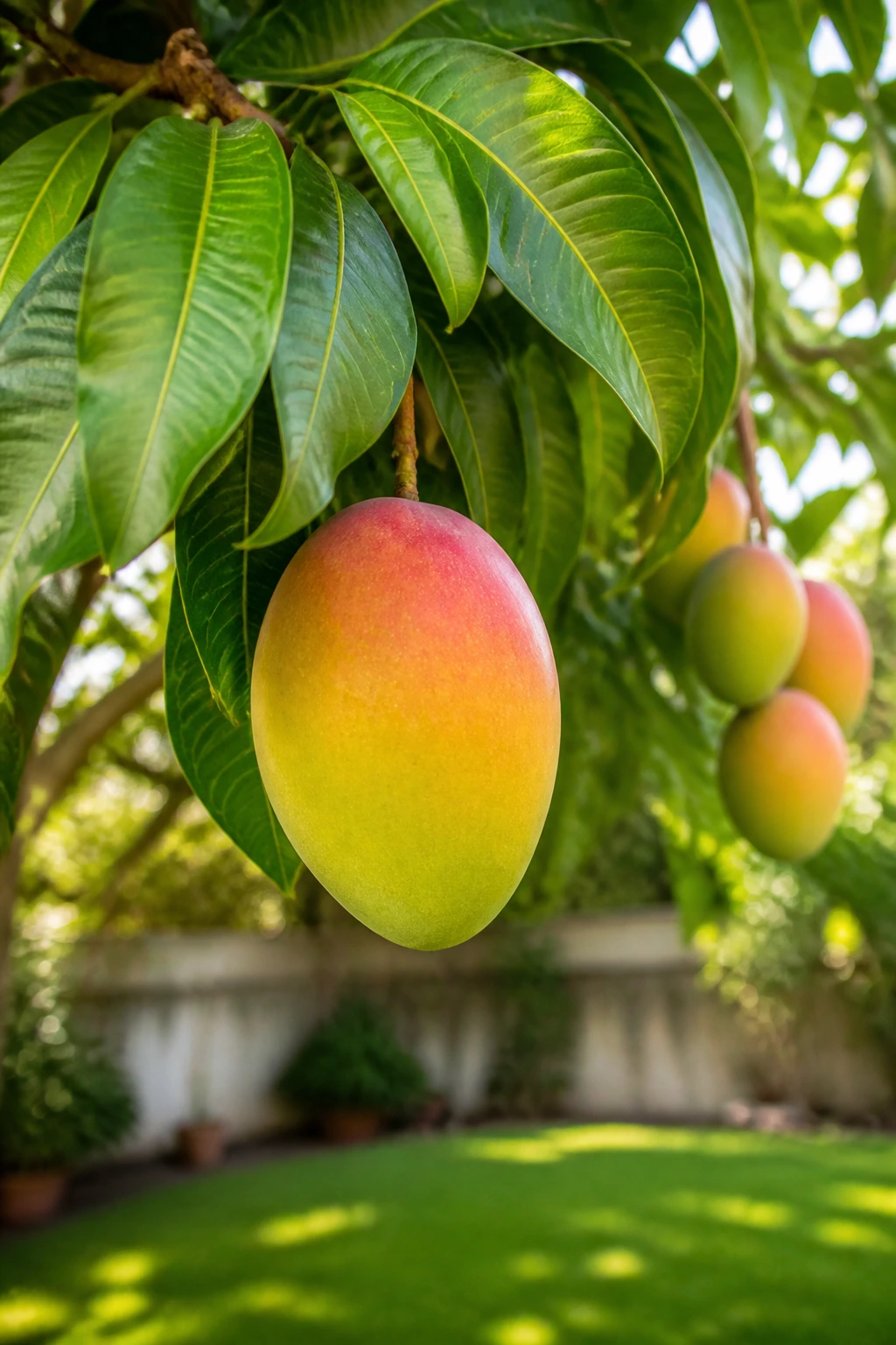 Close-up of a ripe mango on a tree in a sunny garden with green leaves