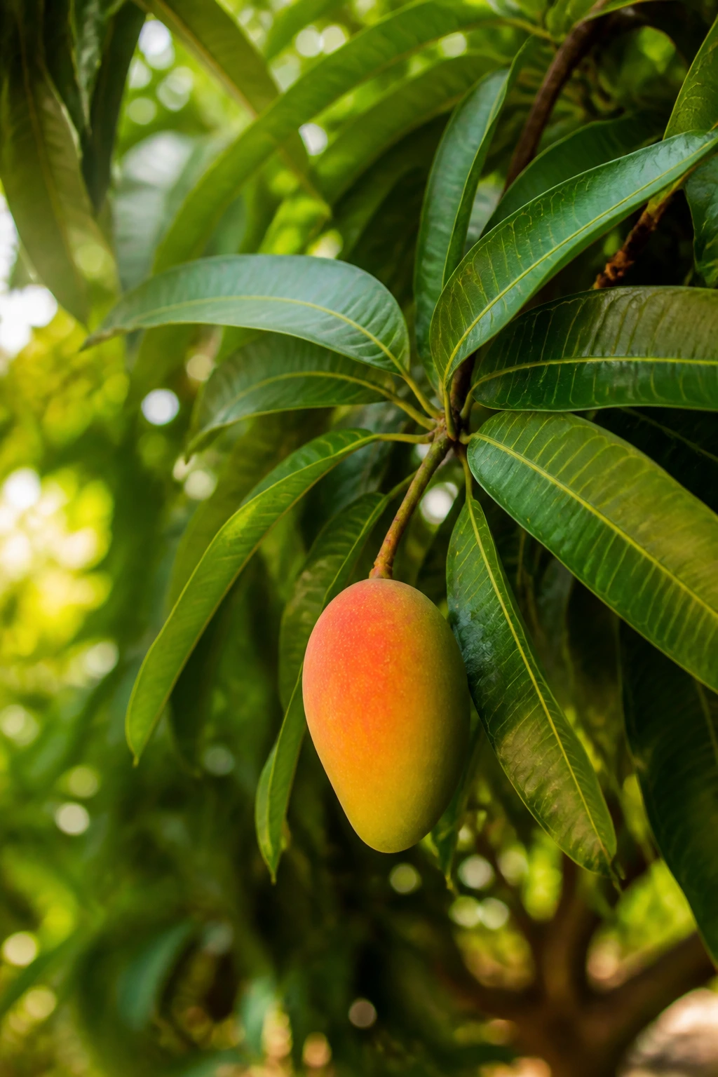Close-up of a mango tree leaf with a ripe mango in bright sunlight
