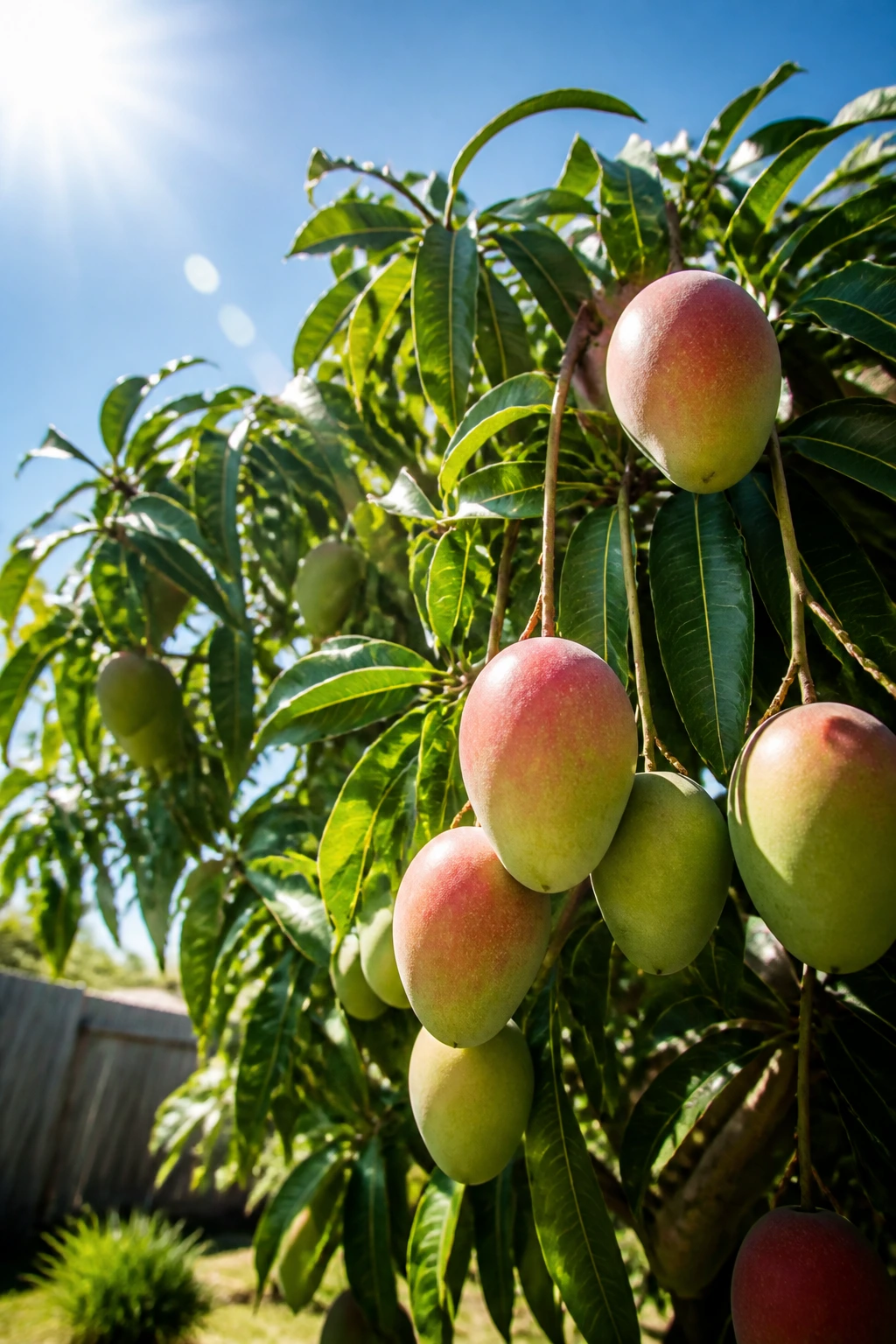 Mango tree thriving in a sunny Australian backyard with ripe fruit