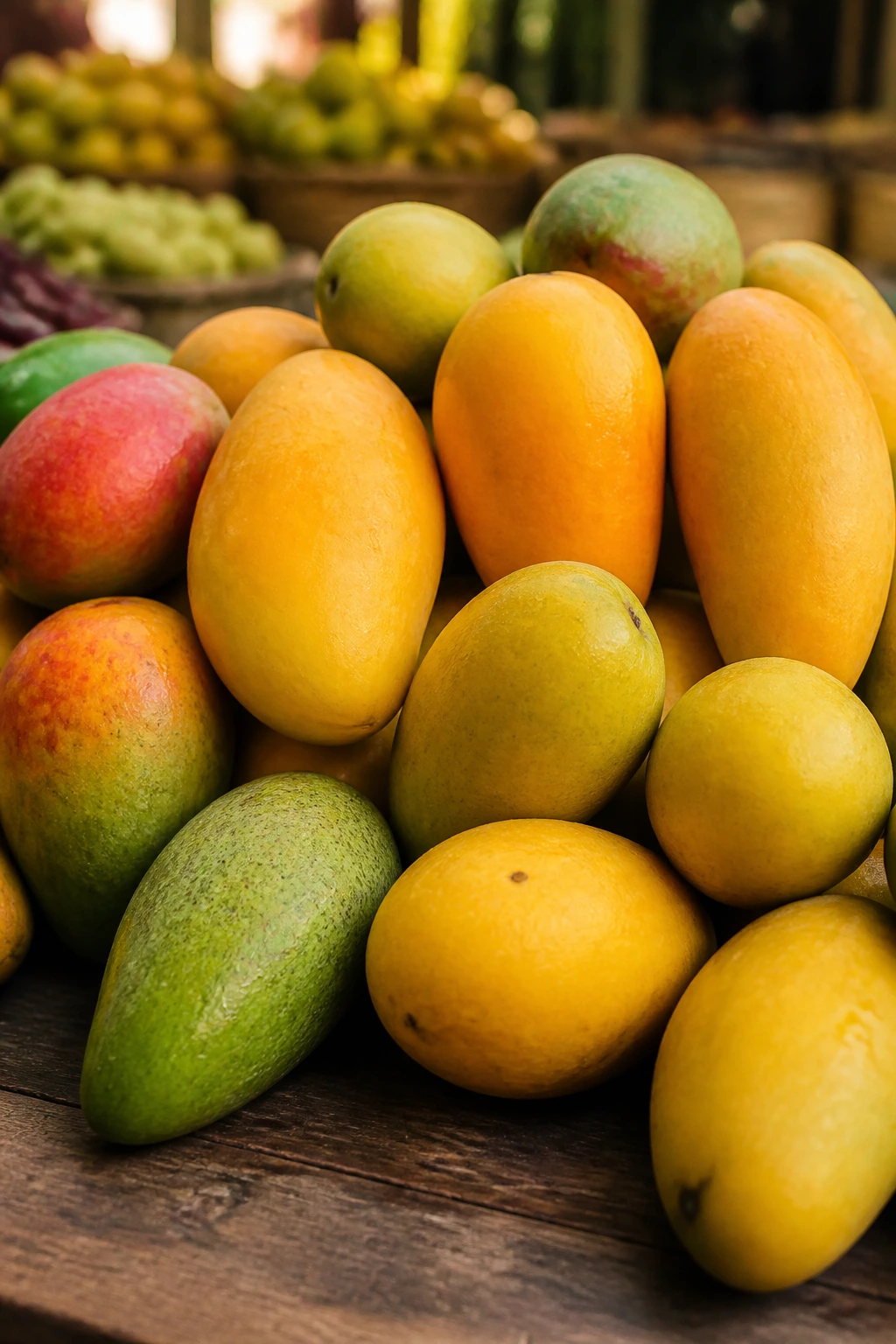 Assortment of mango varieties on wood