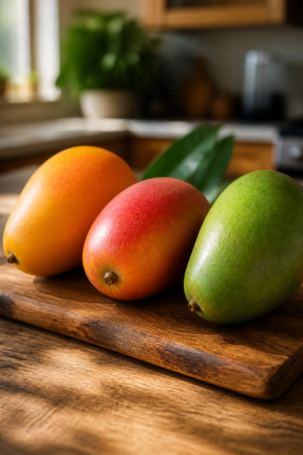 Avocado Vs Mango: The Ultimate Comparison 9 Close-up of three ripe mangoes Alphonso, Tommy Atkins, and Keitt on a rustic wooden cutting board