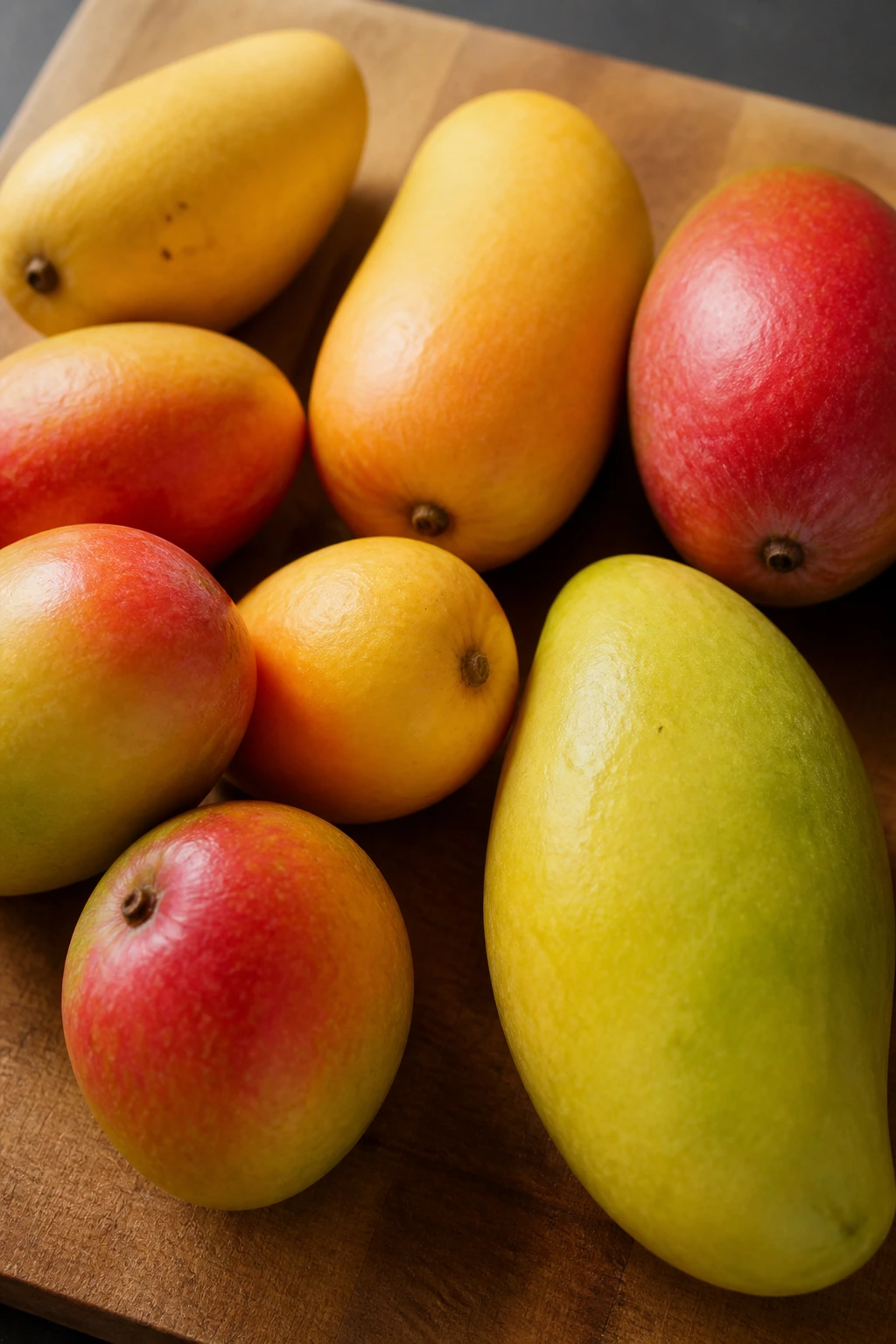 Close-up of multiple Philippine mango varieties on a wooden board