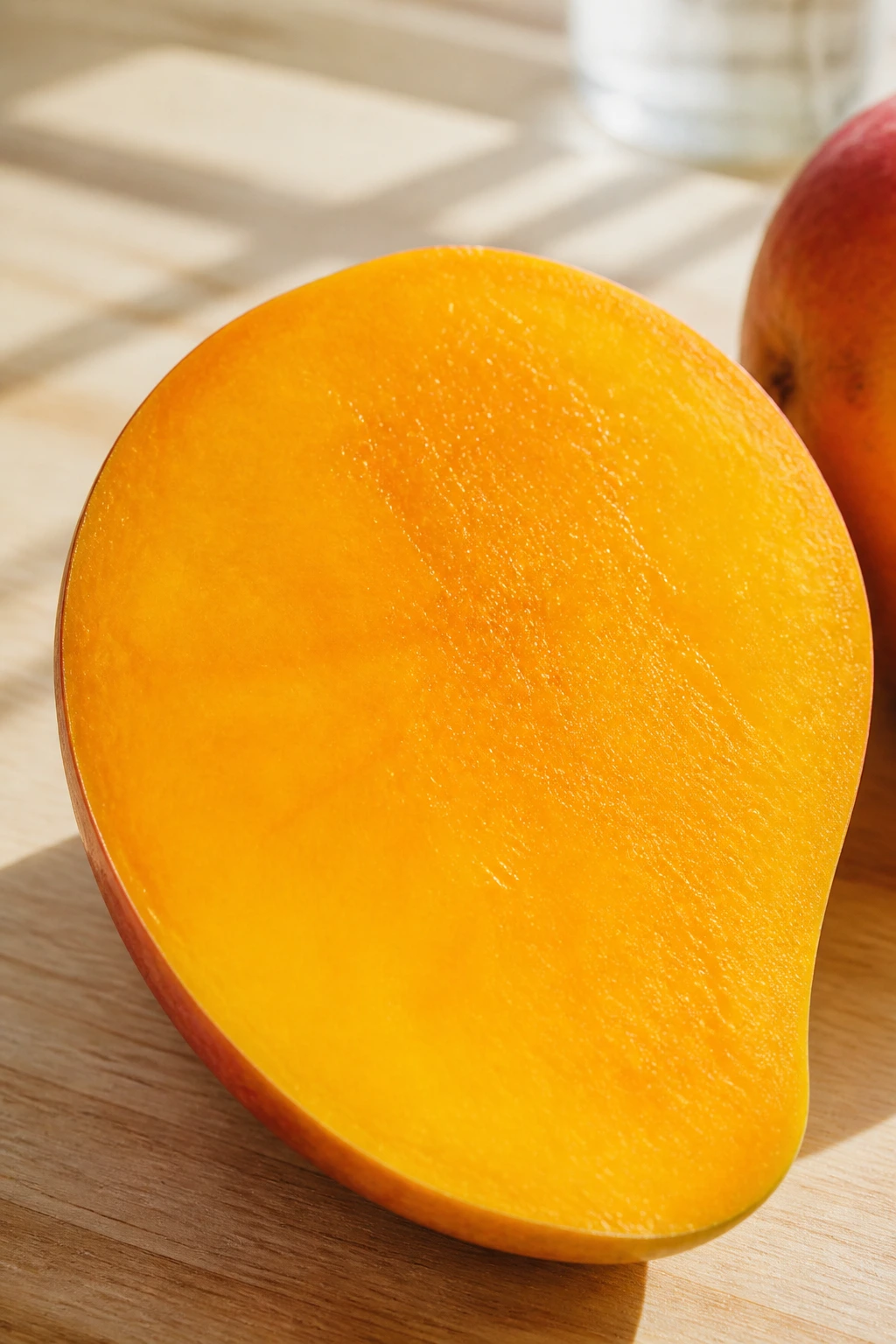 Close-up of a halved mango with vibrant flesh
