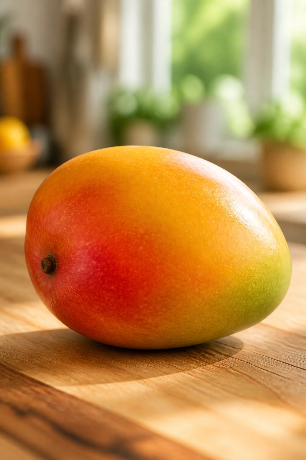 Tropical Showdown: Mango Vs Pineapple - A Comparison 2 Mango on kitchen counter under natural light, highlighting vibrant skin.