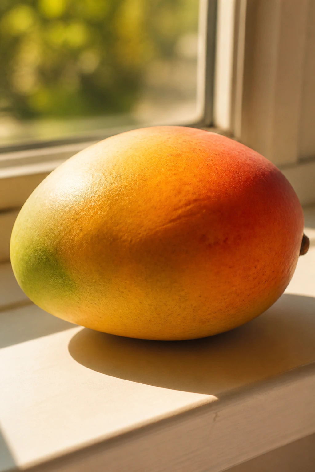 Mango on a sunlit windowsill glowing with warm light
