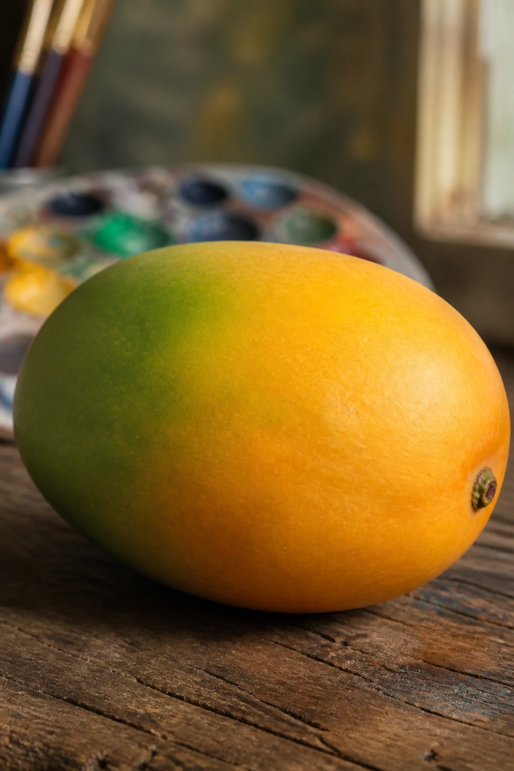 Close-up of a ripe mango on a wooden surface with an art-inspired blurred background