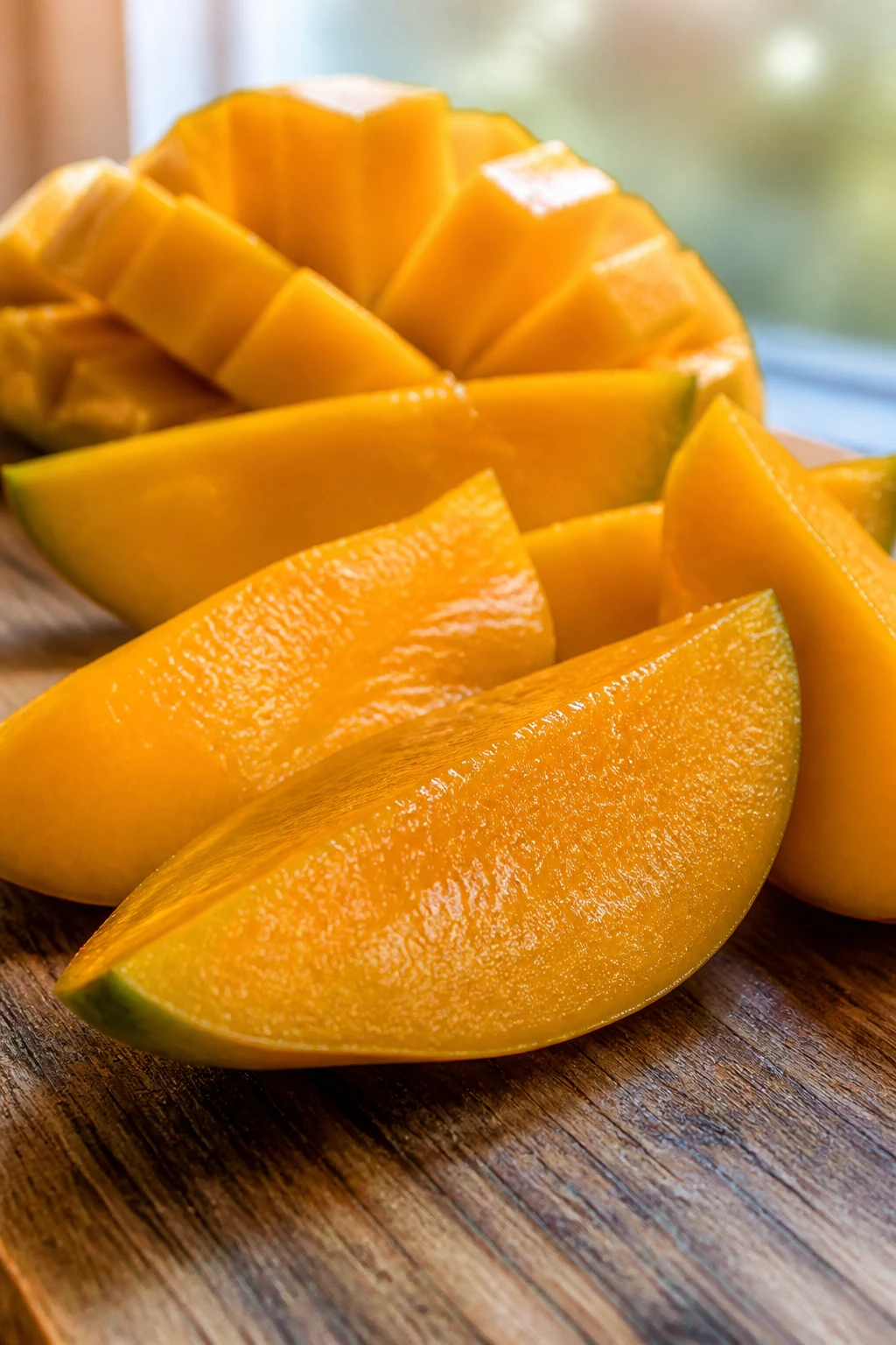 Can Rabbits Eat Mangoes Or Mango Skin? 1 Close-up of ripe mango slices on a wooden cutting board highlighting bunny-friendly fruit.