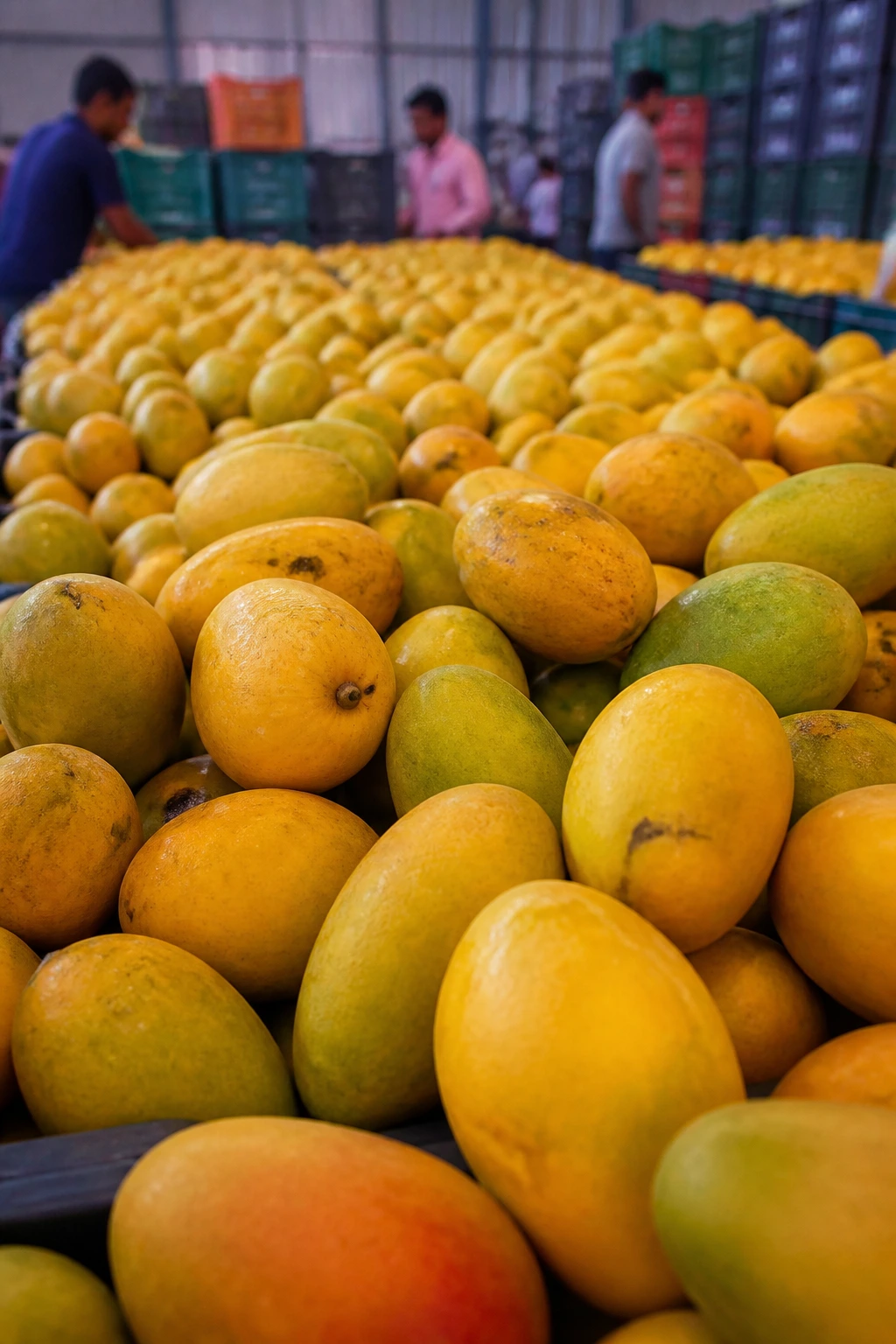 Close-up mangoes on a sorting table in an Indian warehouse