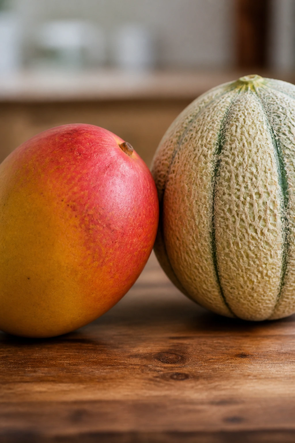 Close-up of a mango and a melon side by side on a wooden surface.