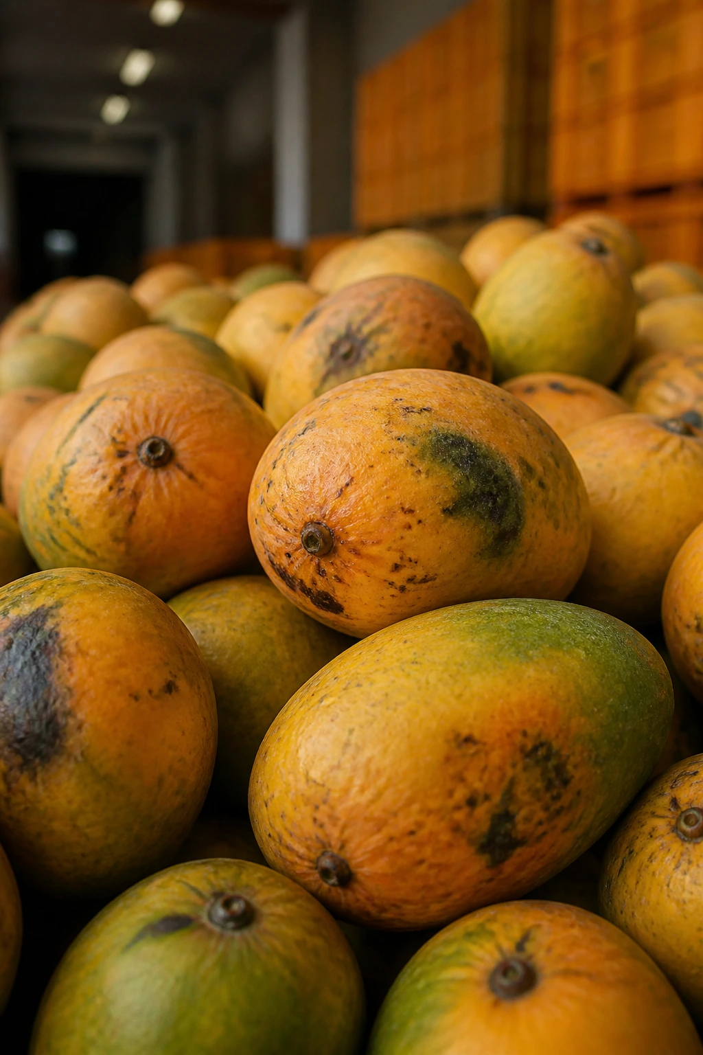 Mangoes with blemishes illustrating production challenges