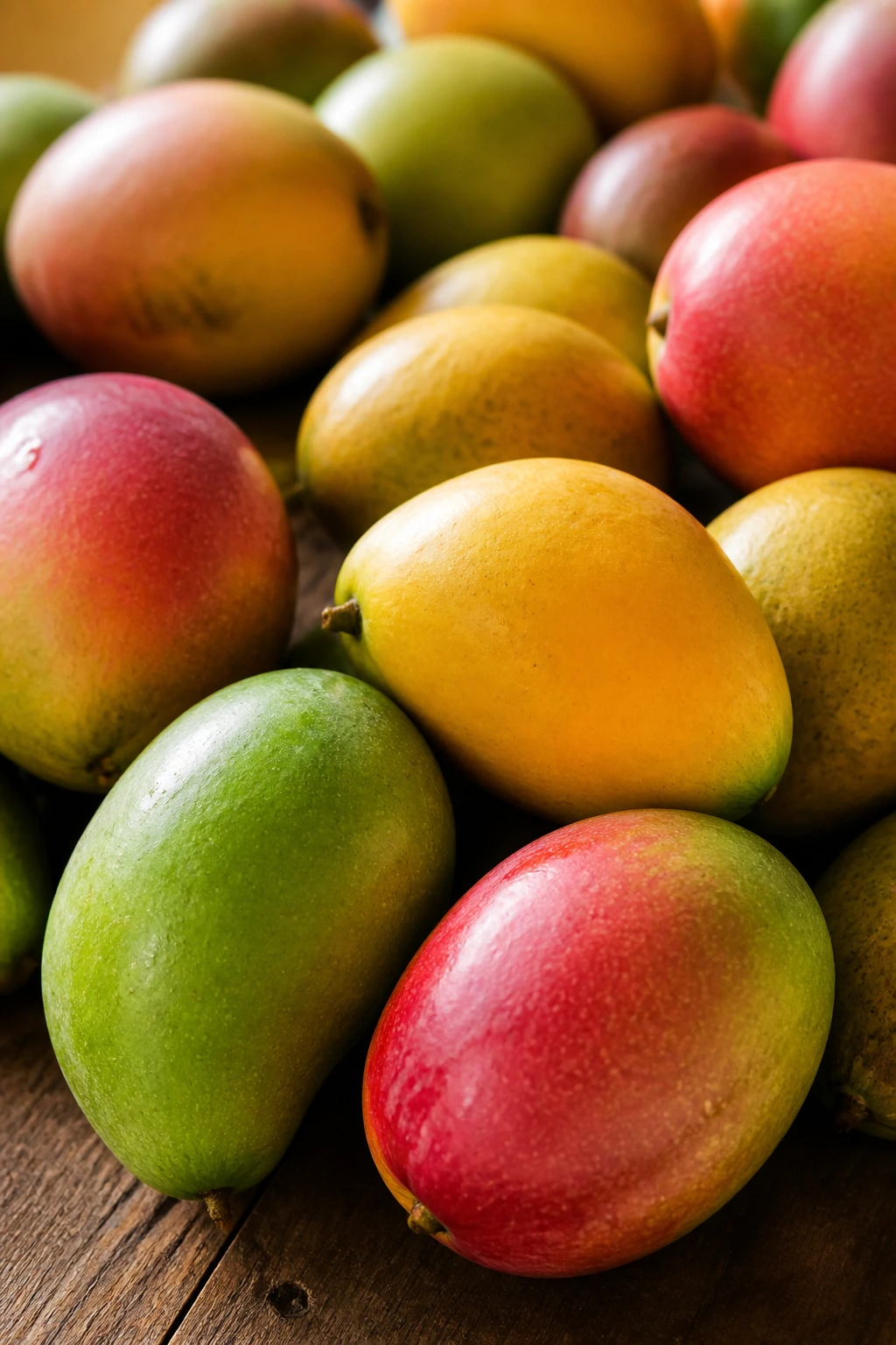 Close-up of colorful ripe mangoes ready for selection on a wooden surface.