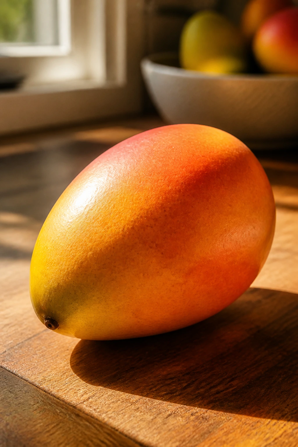 From Unripe to Ripe: How Long Do Mangoes Last? 11 Close-up of a single ripe mango on a wooden counter in a sunlit kitchen