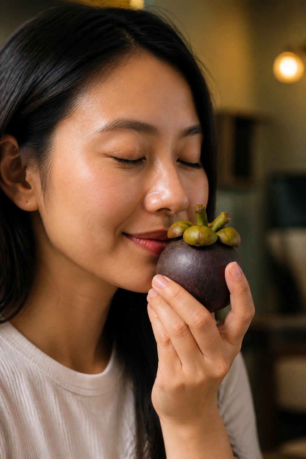 Real person sniffing a mangosteen to test aroma