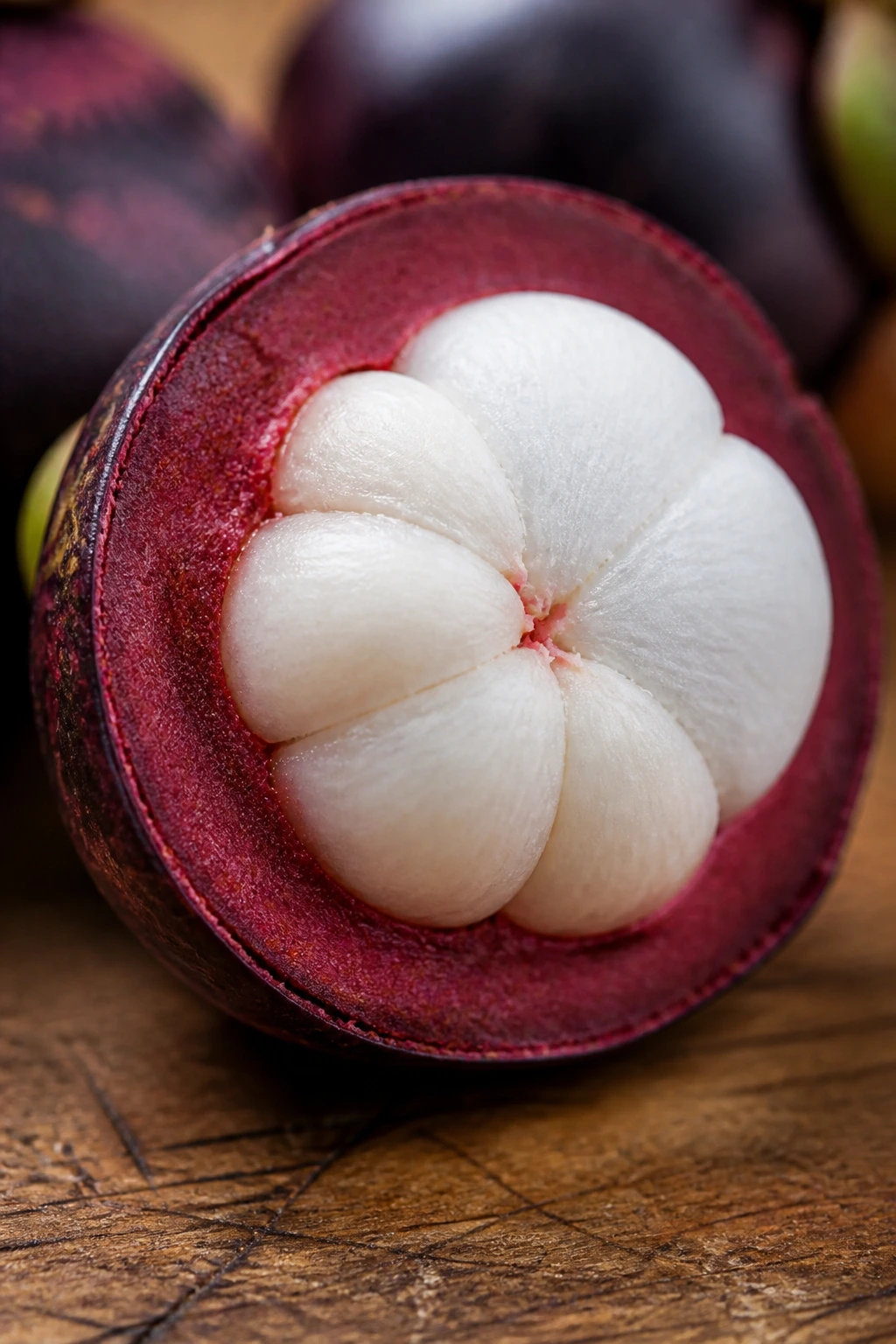 Close-up mangosteen halved showing white flesh and purple rind in warm kitchen light