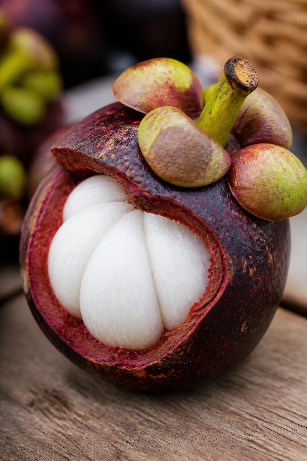 Close-up of a mangosteen showing purple rind and white flesh on rustic wood