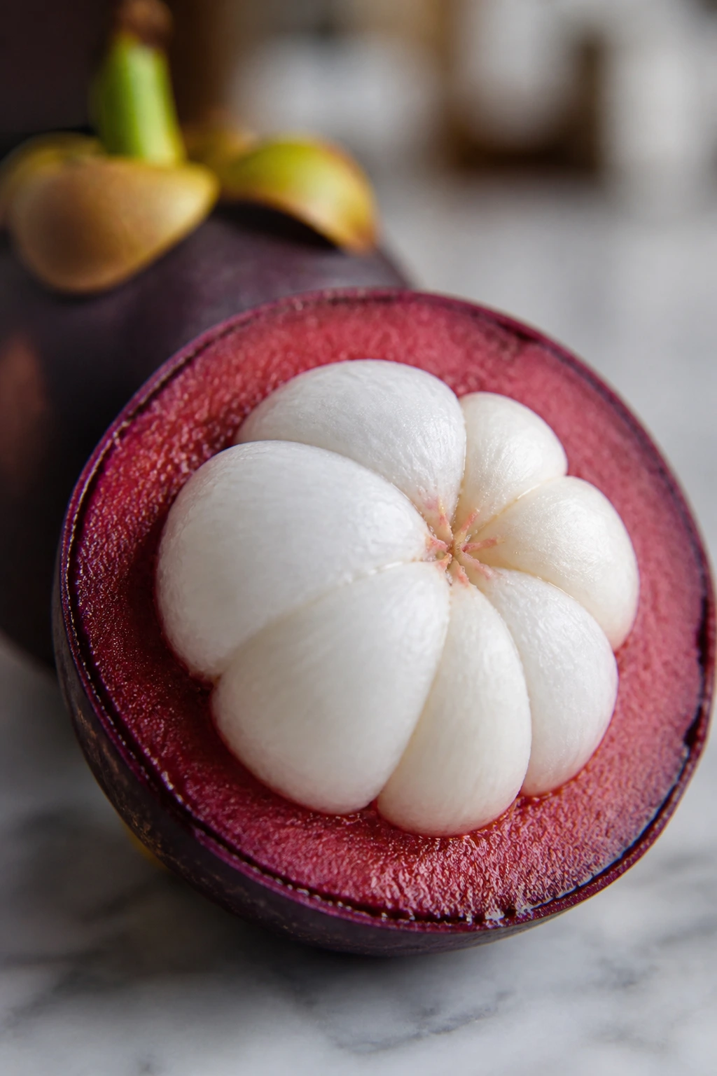 Mangosteen cross-section with purple rind and white flesh