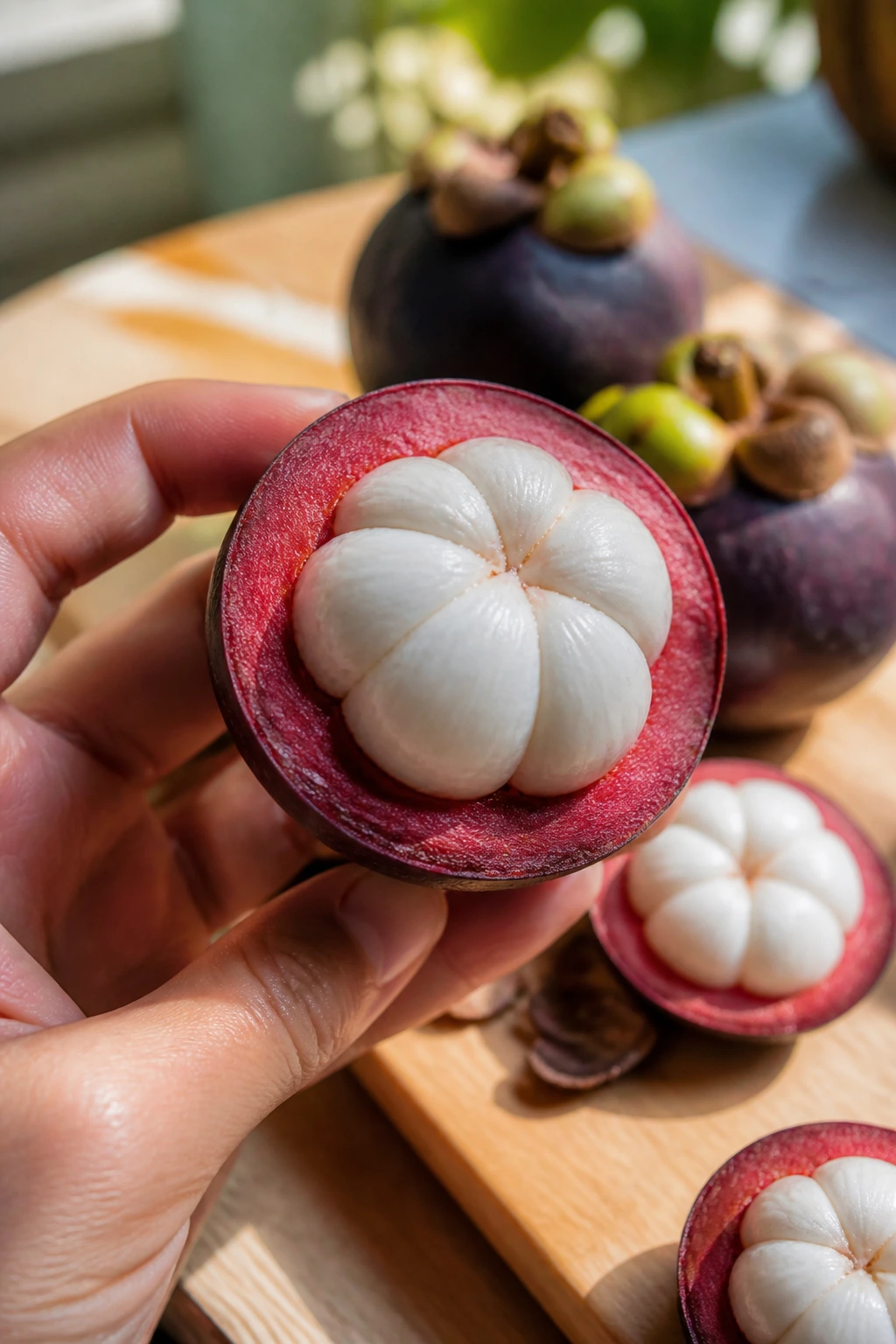 Cross-section of mangosteen showing white segments on wooden board