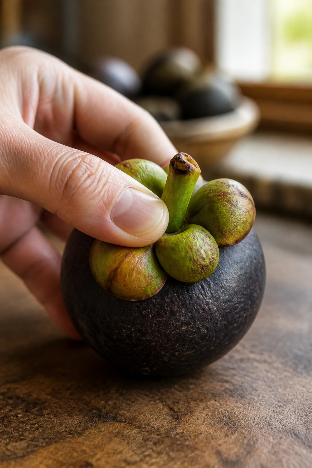 Close-up of mangosteen crown being pressed to test ripeness