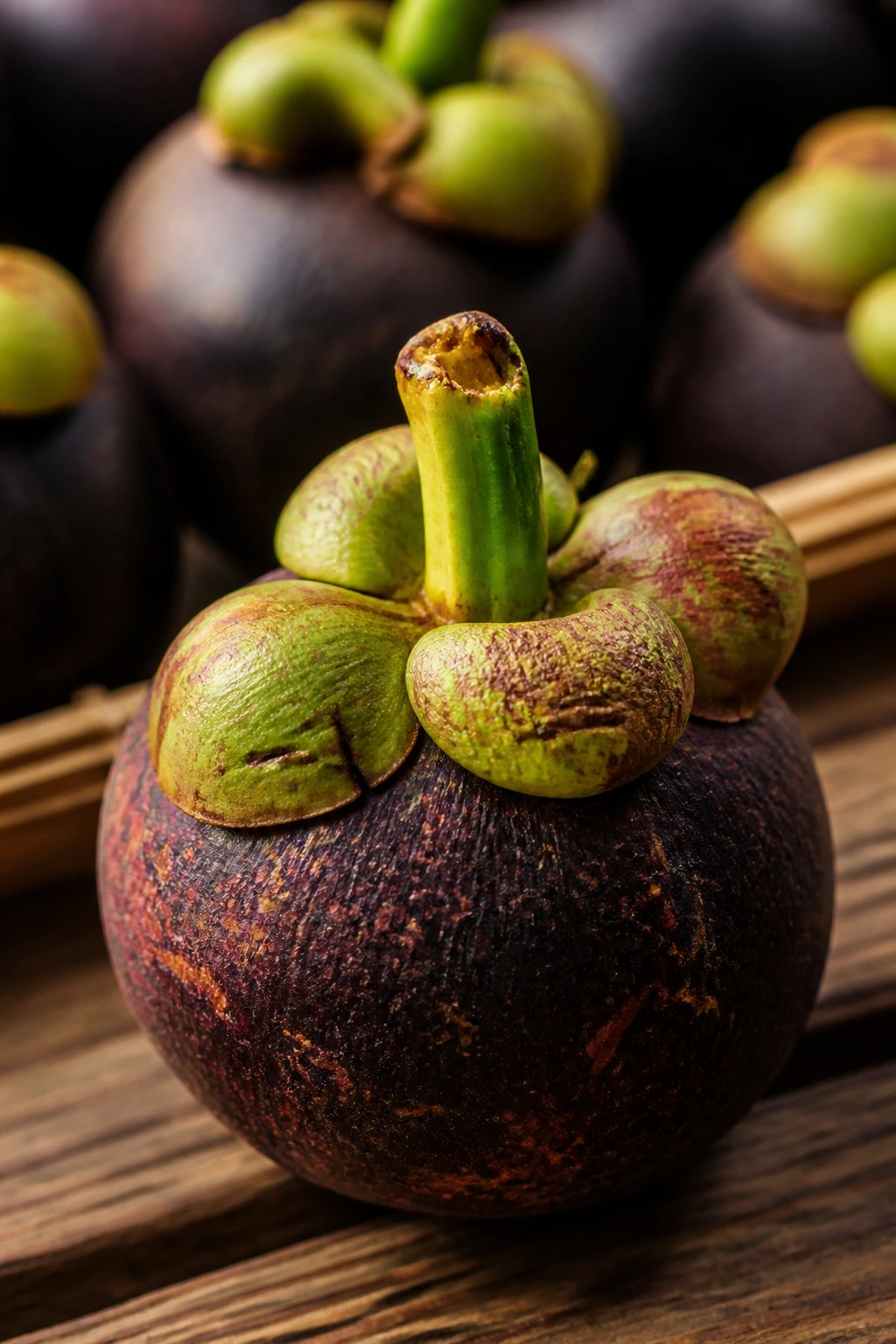Mangosteen close-up focusing on crown and rind texture, not color alone