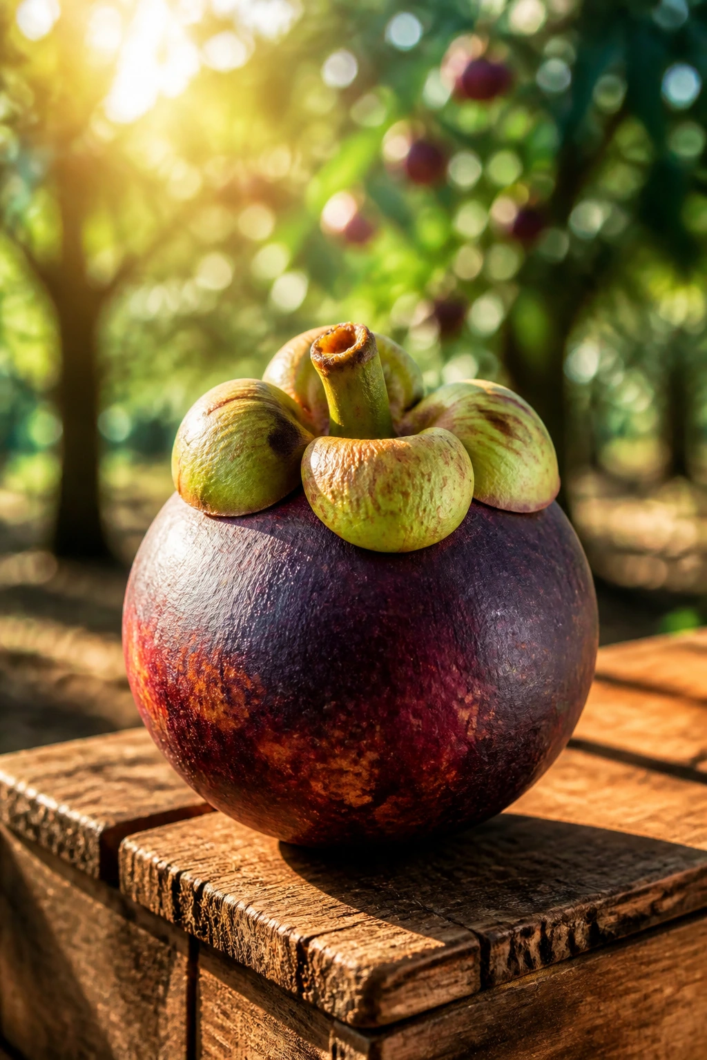 Mangosteen on wooden crate in orchard with sunlit background