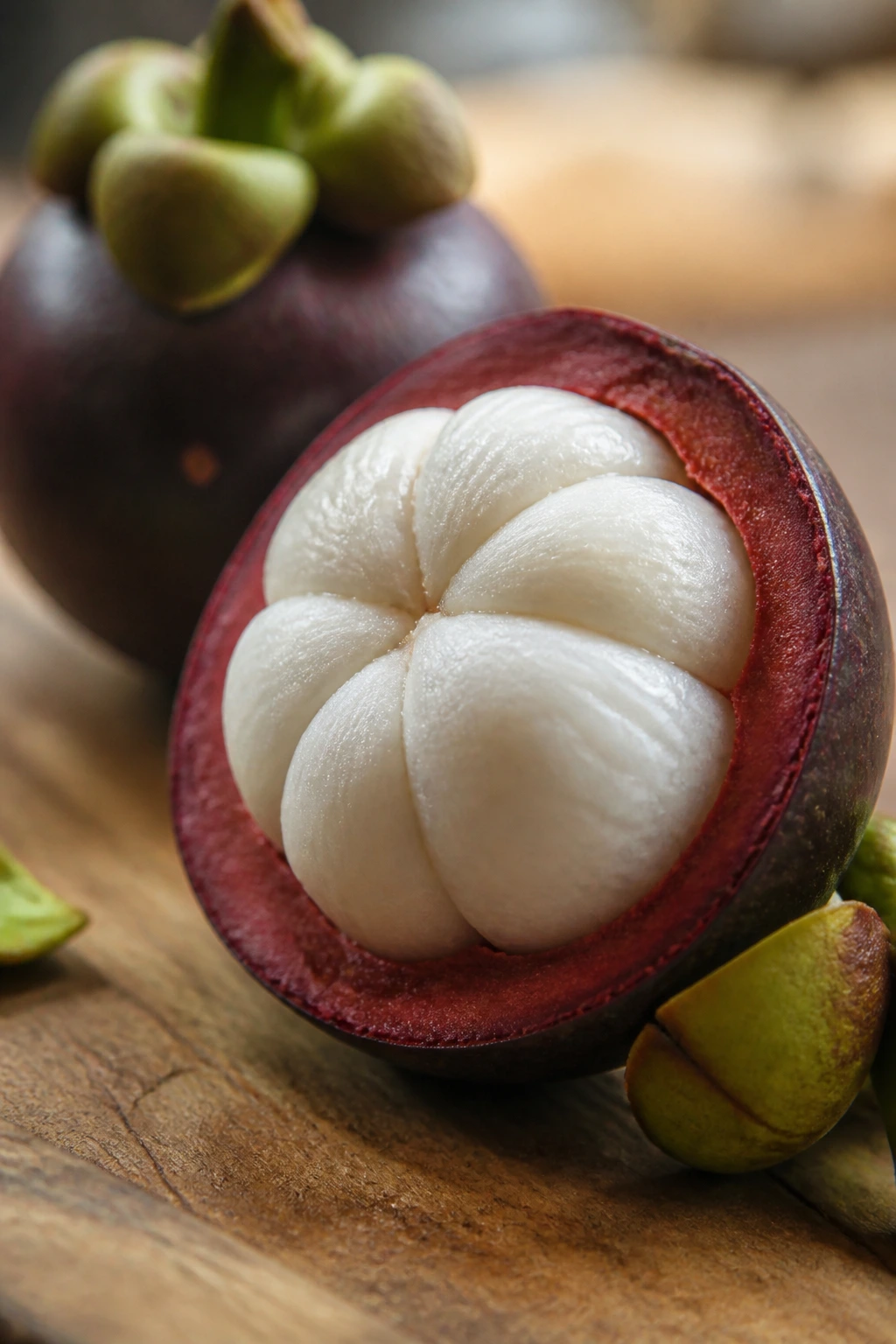 Halved mangosteen fruit showing white segments on a wooden cutting board.