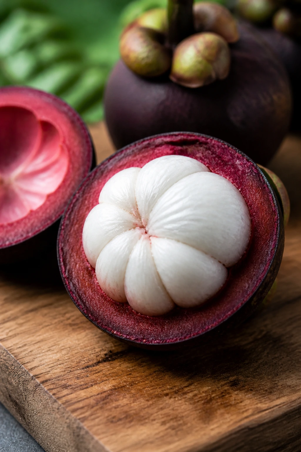 Halved mangosteen showing white flesh on wooden board