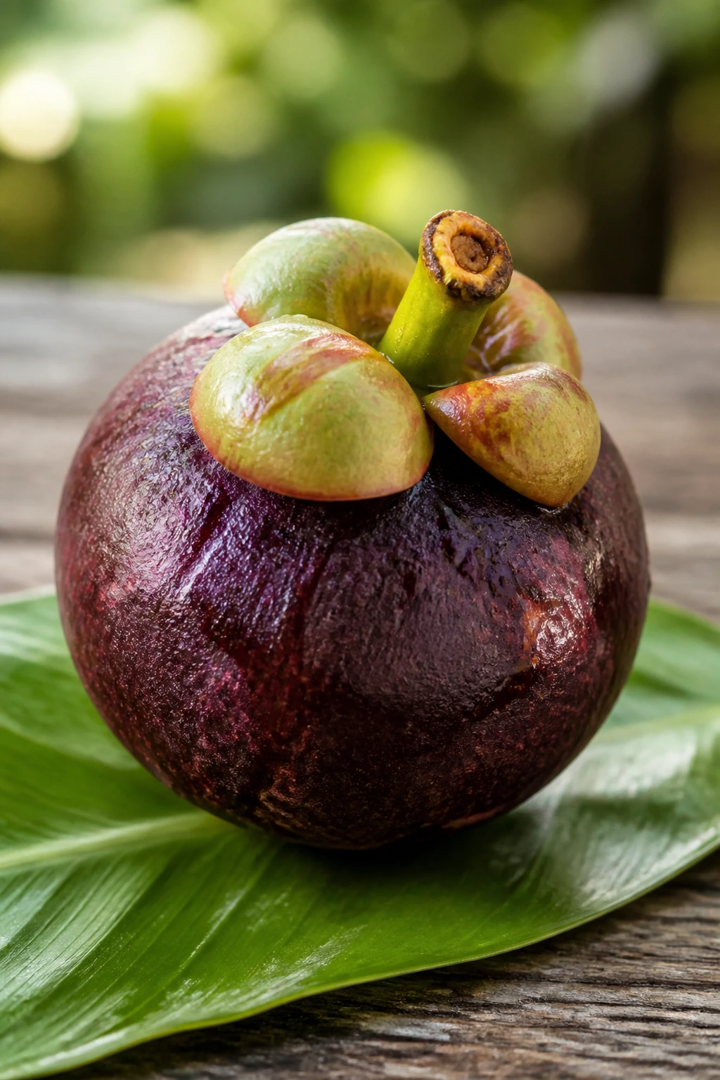 Mangosteen on leaf in outdoor setting