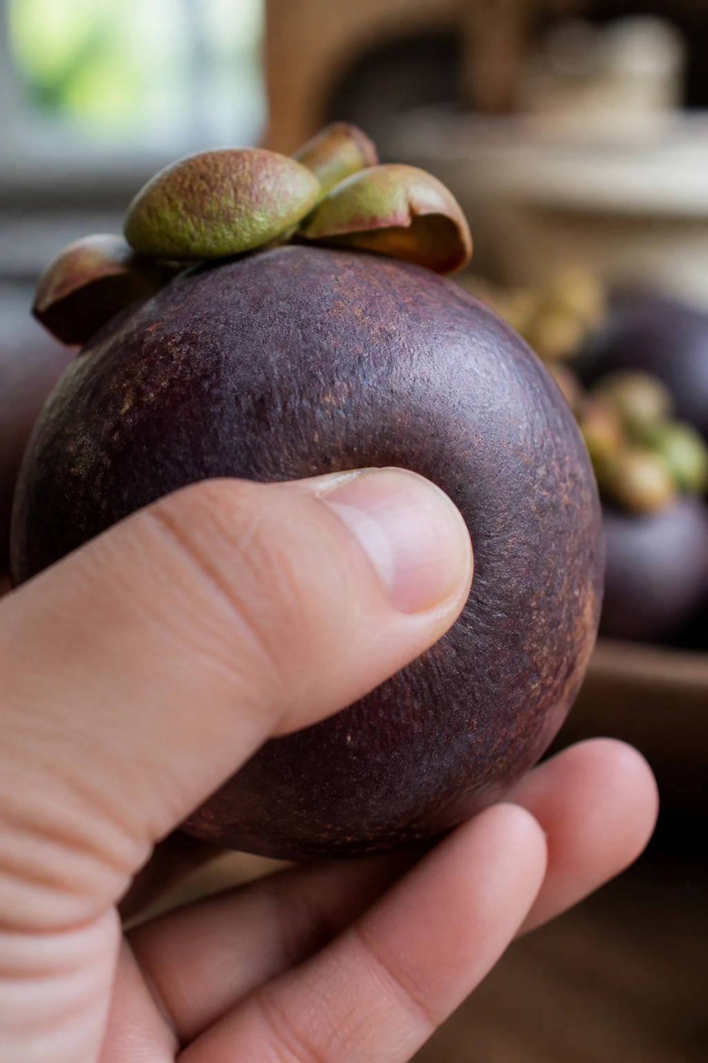 Close-up of mangosteen being pressed in the middle to test ripeness