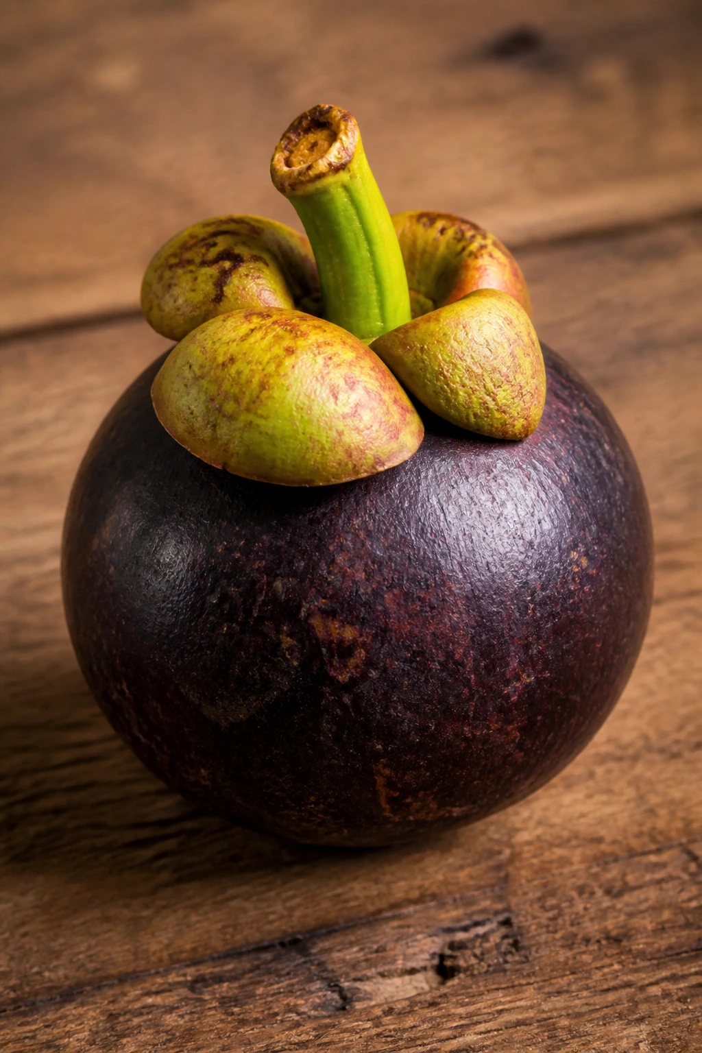 Mangosteen resting on wooden surface