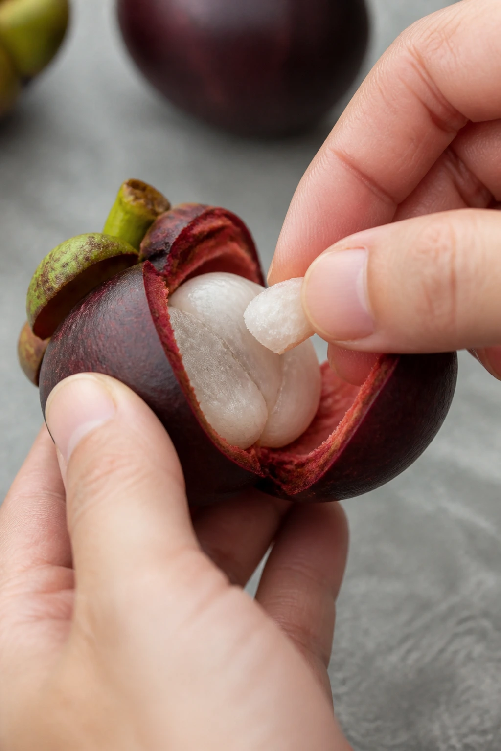 Close-up of a ripe mangosteen being opened to reveal a small piece of white flesh