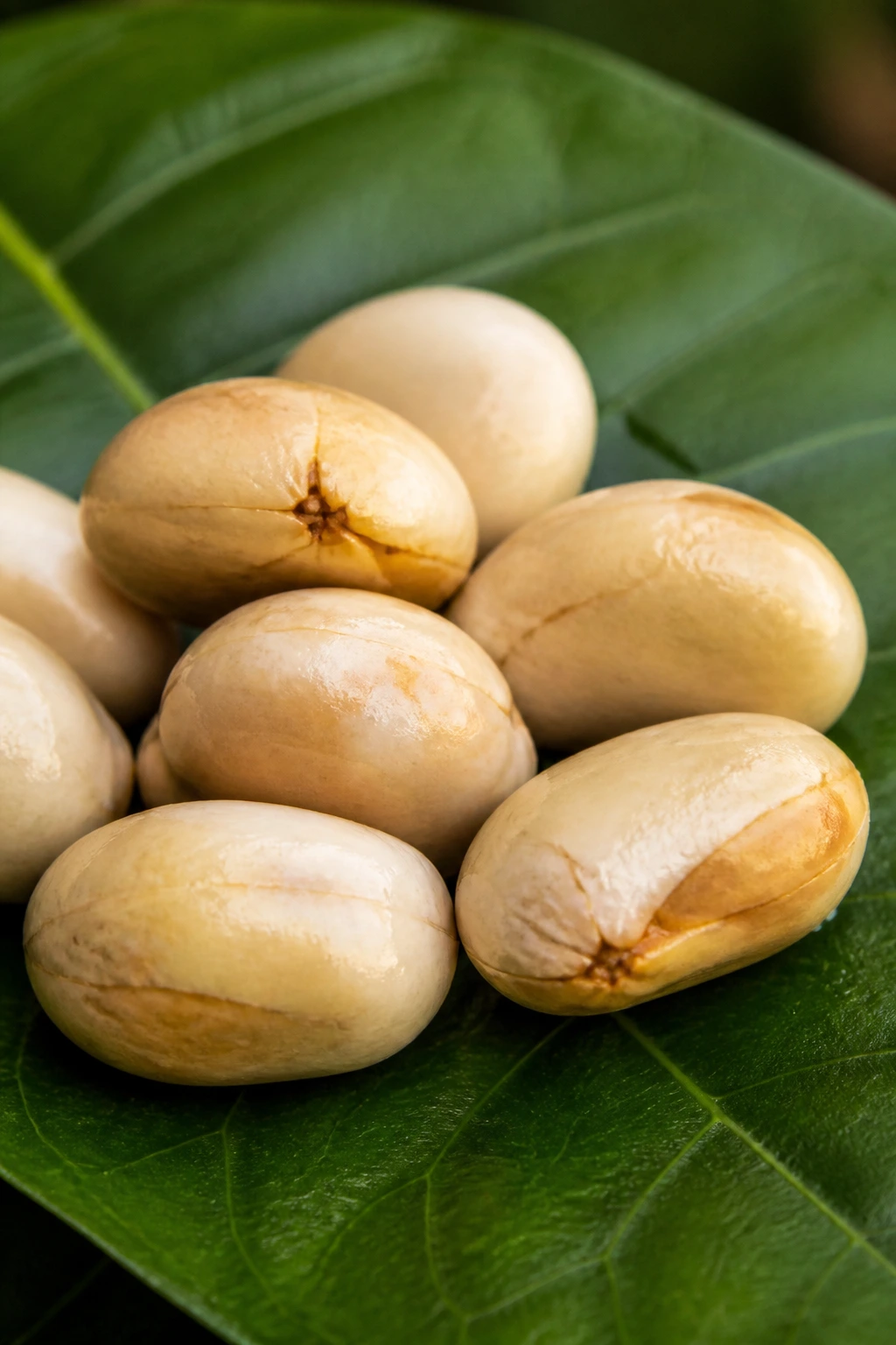 Is Mangosteen Seed Edible? Is It Safe To Eat? 2 Pale mangosteen seeds on green leaf, macro close-up