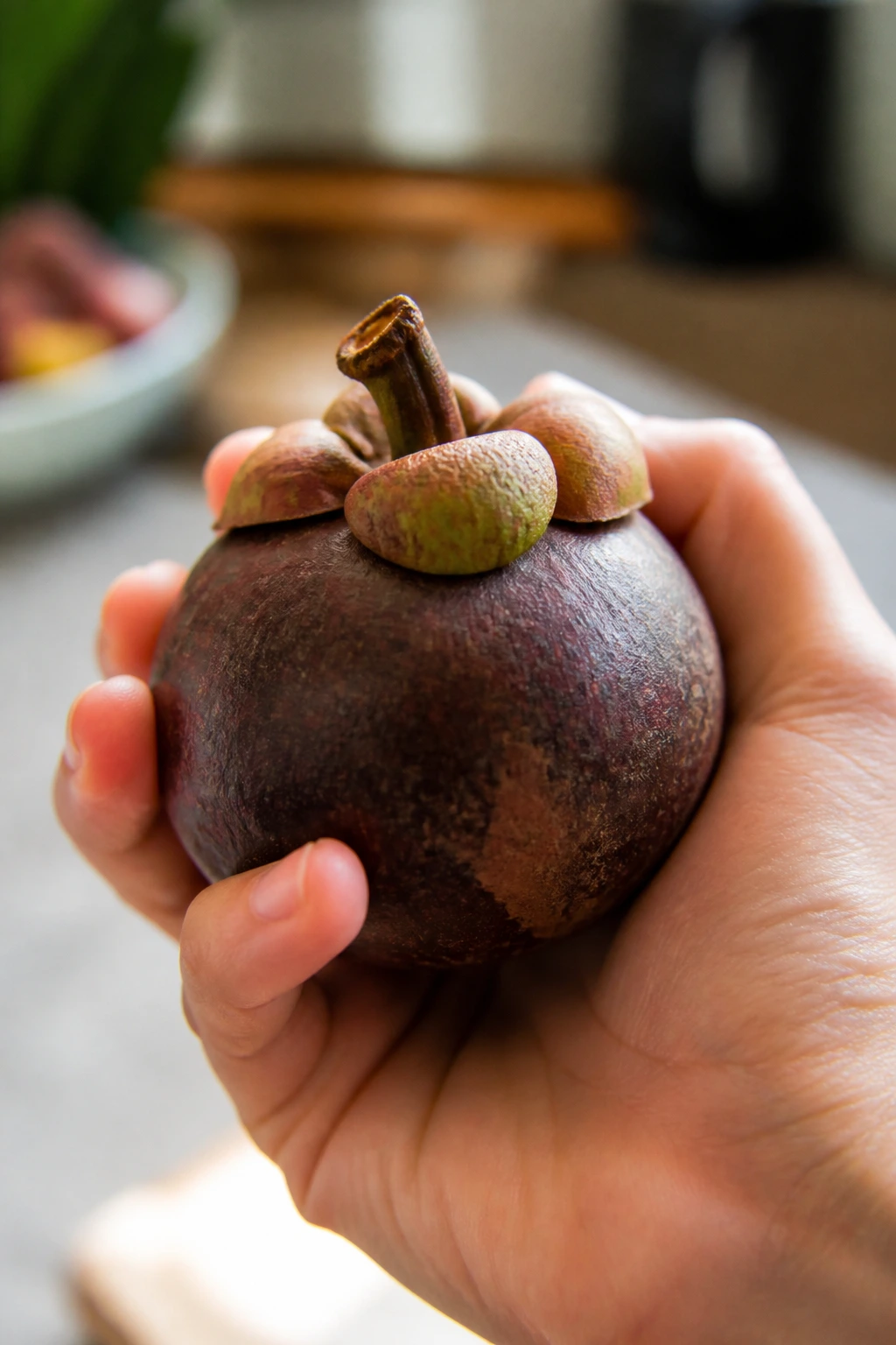 Mangosteen being gently shaken in a cupped hand to test ripeness