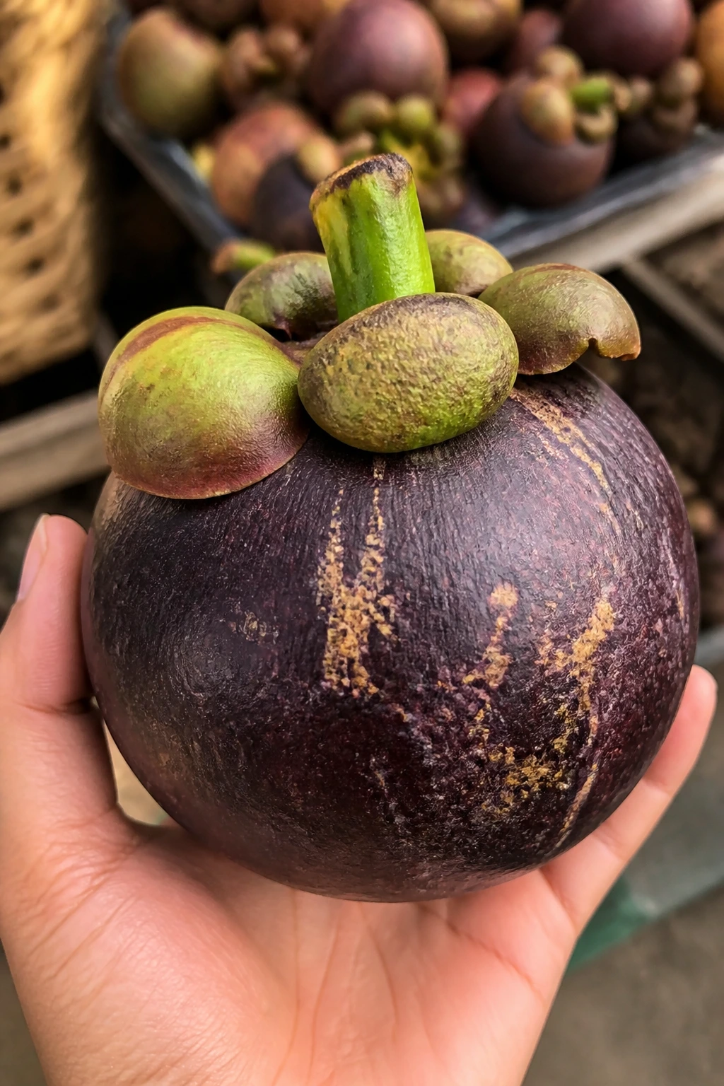Close-up of a large mangosteen in a hand, emphasizing size and ripeness