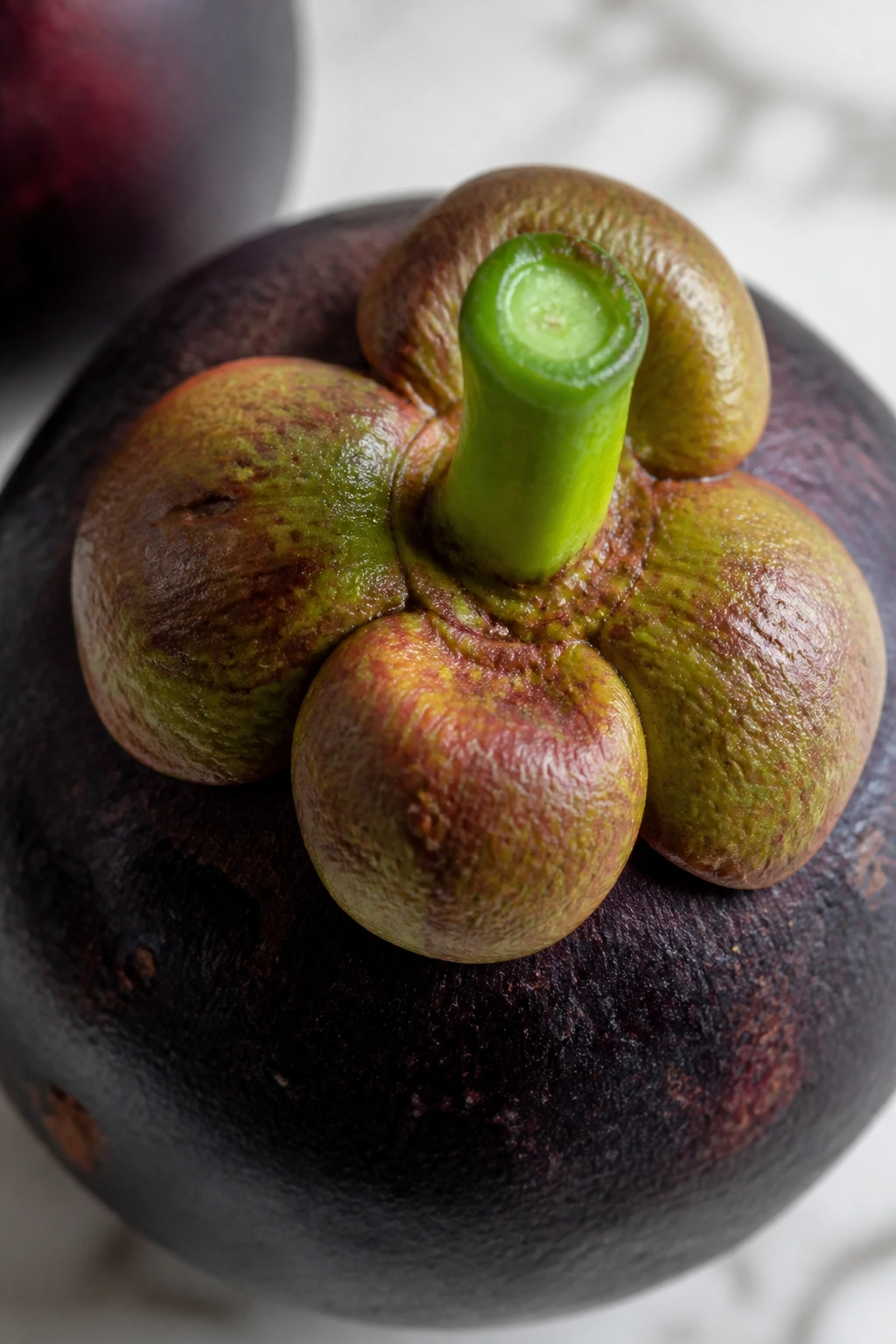 Close-up of mangosteen stem end showing fresh green spot