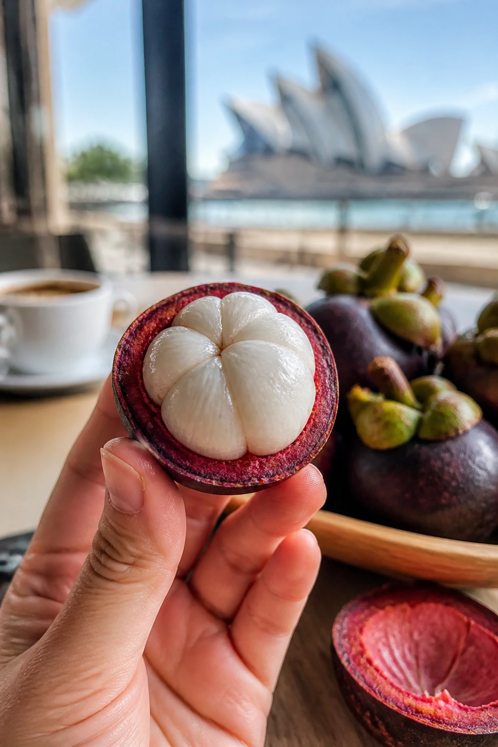 Halved mangosteen with white segments in cafe setting