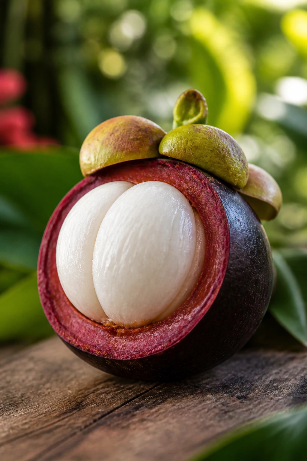 Close-up of a ripe mangosteen with purple rind and white flesh in a tropical garden
