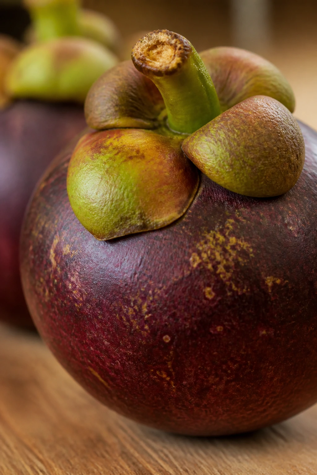 Mangosteen close-up showing tiny yellow spots near the stem on the purple rind