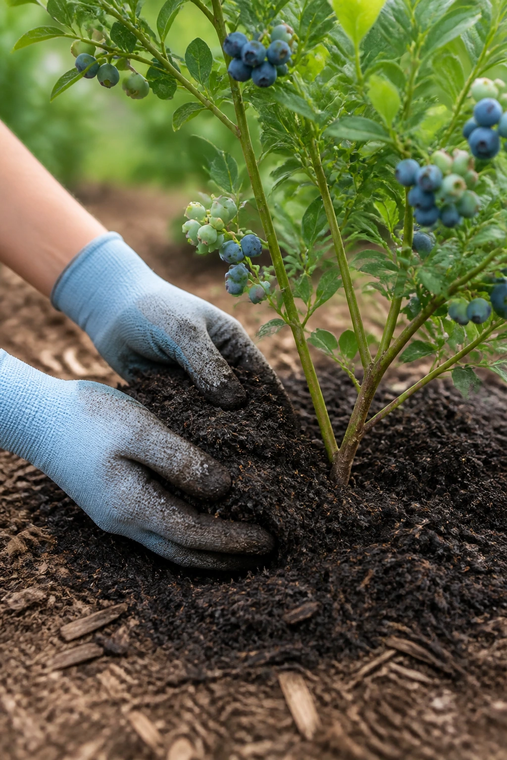 Is Manure Good for Blueberries? Which is the Best Manure? 3 Gloved hands applying compost around base of blueberry plant
