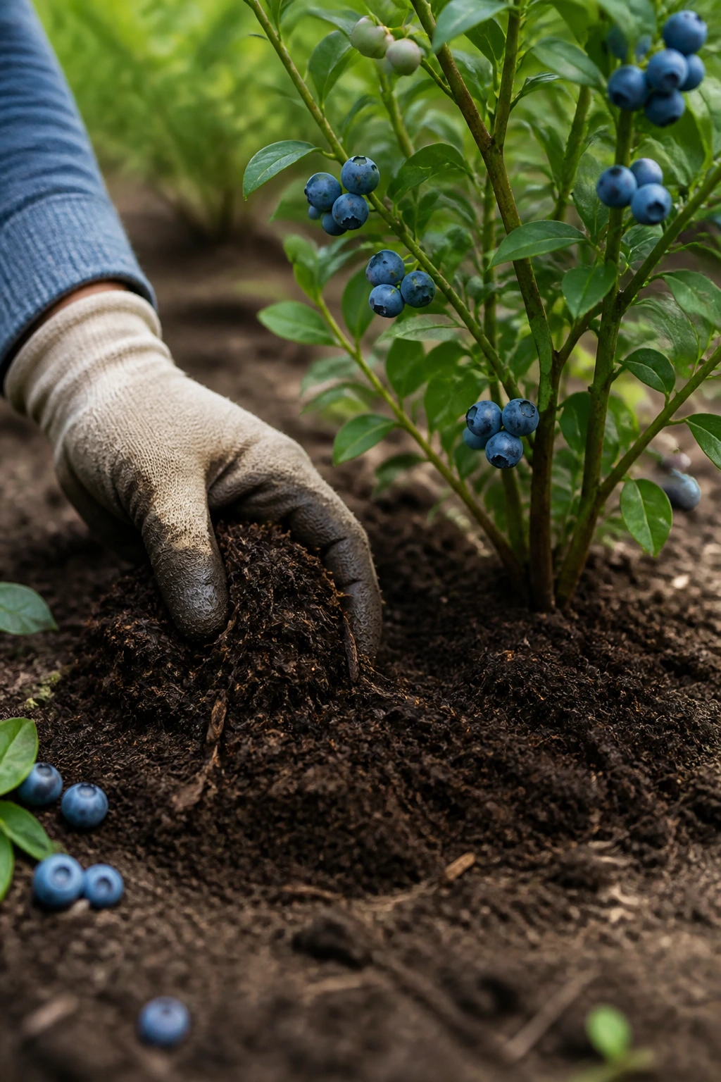 Is Manure Good for Blueberries? Which is the Best Manure? 4 Gloved hand spreading compost around blueberry plant